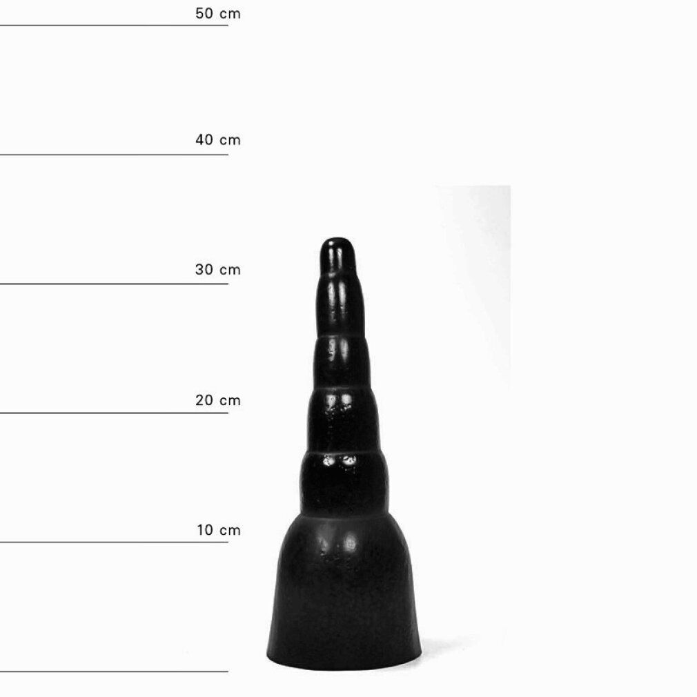 Dildo nero. Forma conica con più anelli. Orientamento verticale. Indicazioni di dimensioni in cm.
