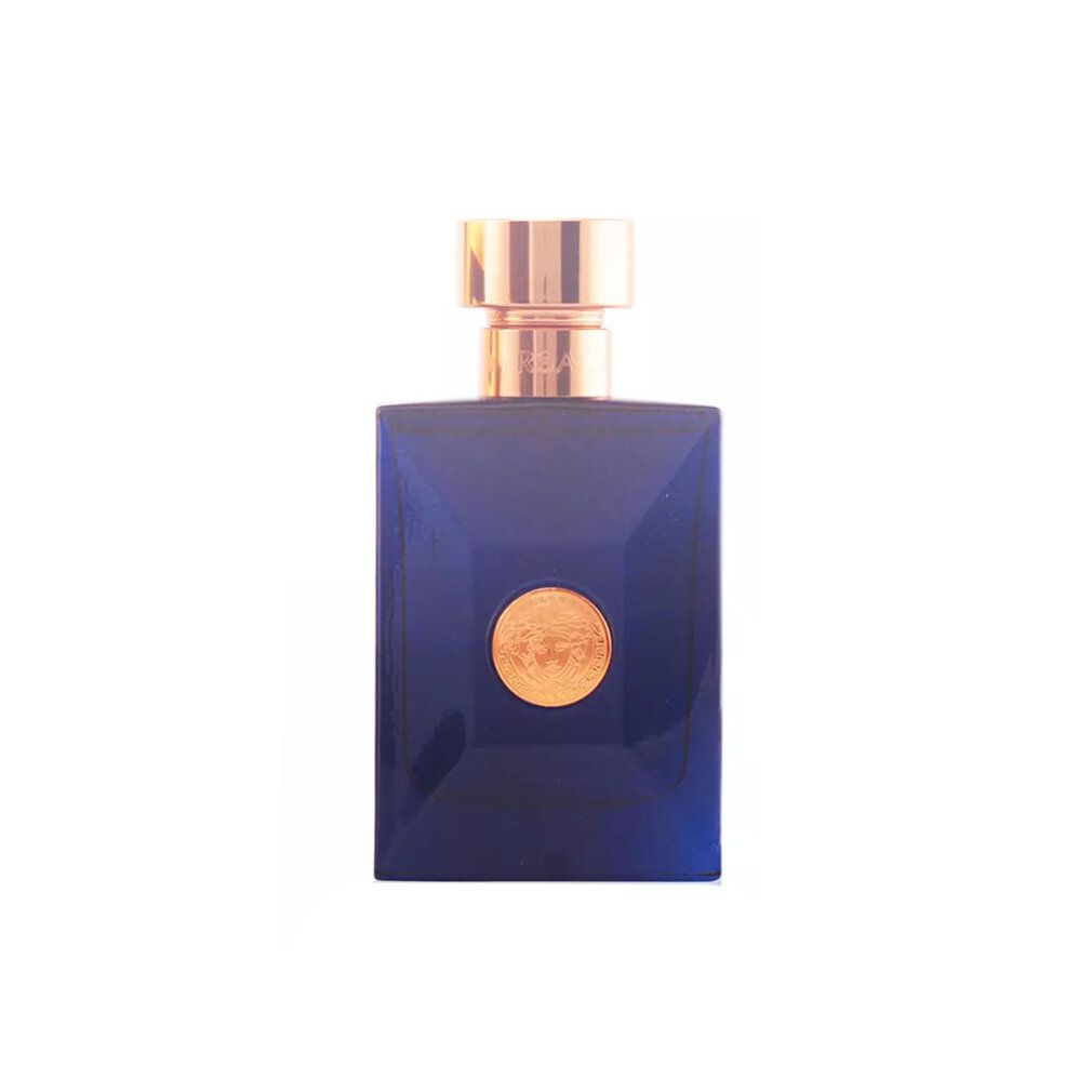 Flacone blu con tappo dorato e logo Medusa. Forma squadrata. Eau de Toilette.
