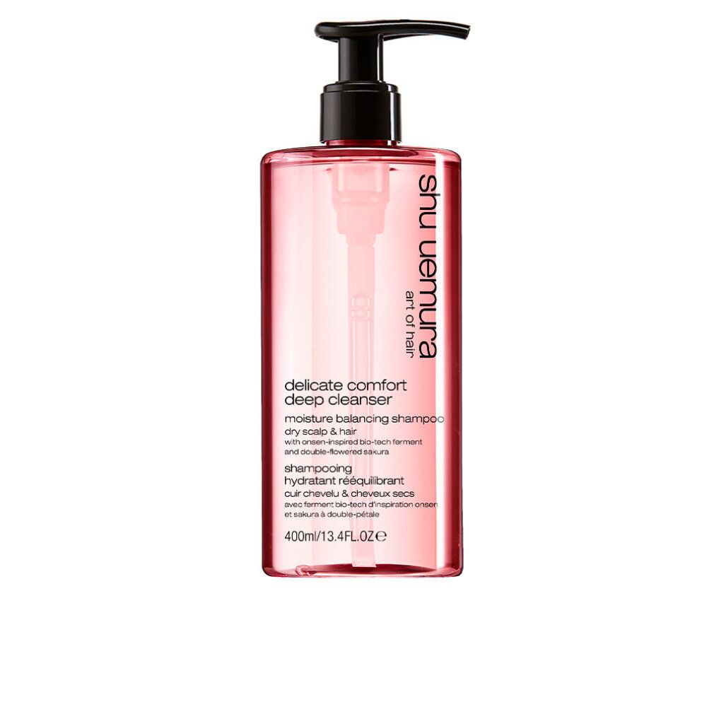 Flacone di shampoo rosa con dosatore nero. Testo: delicate comfort deep cleanser, 400ml/13.4FL.OZ.e.