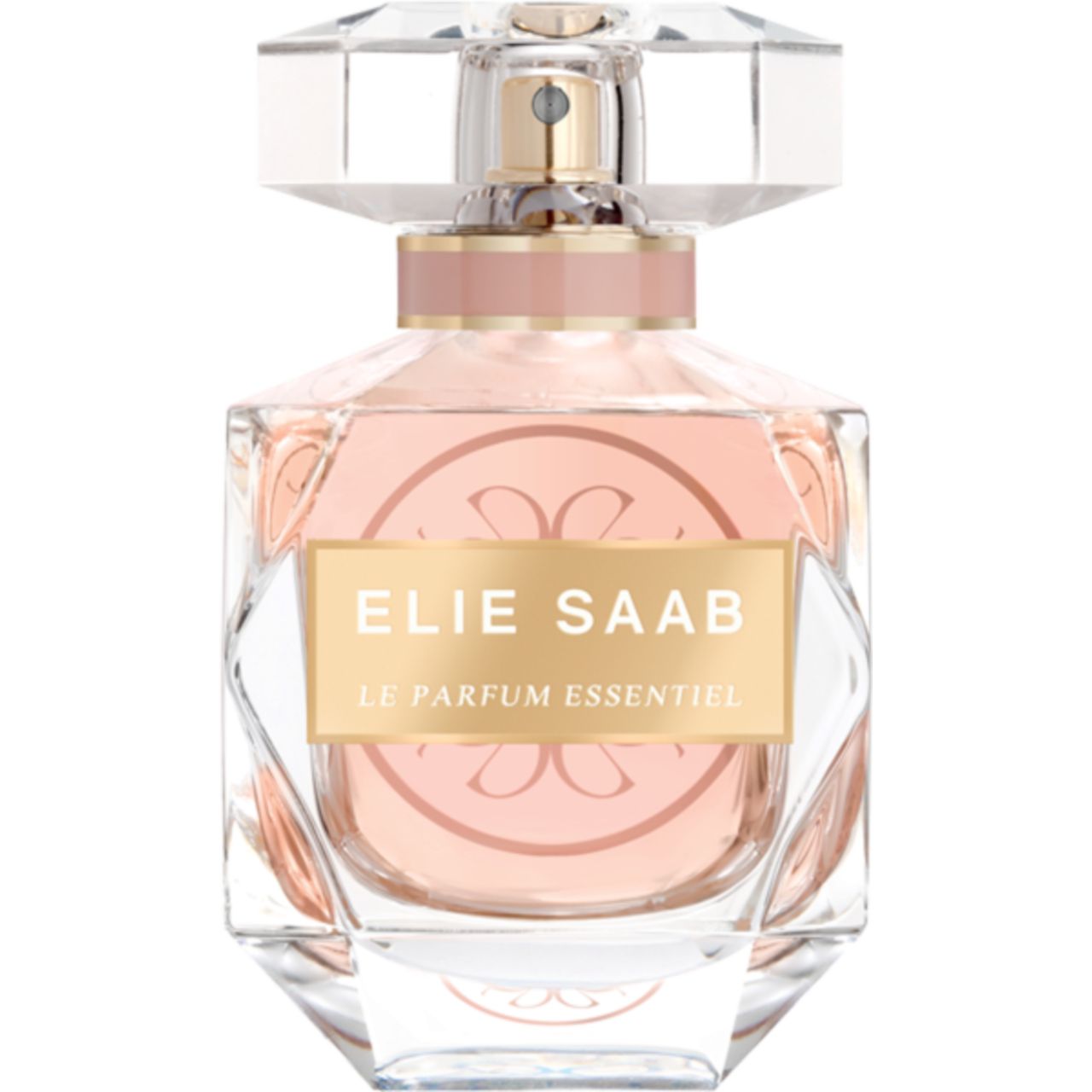 Flacone di profumo con etichetta dorata. Scritta: ELIE SAAB, LE PARFUM ESSENTIEL. Flacone in vetro trasparente con liquido rosa.