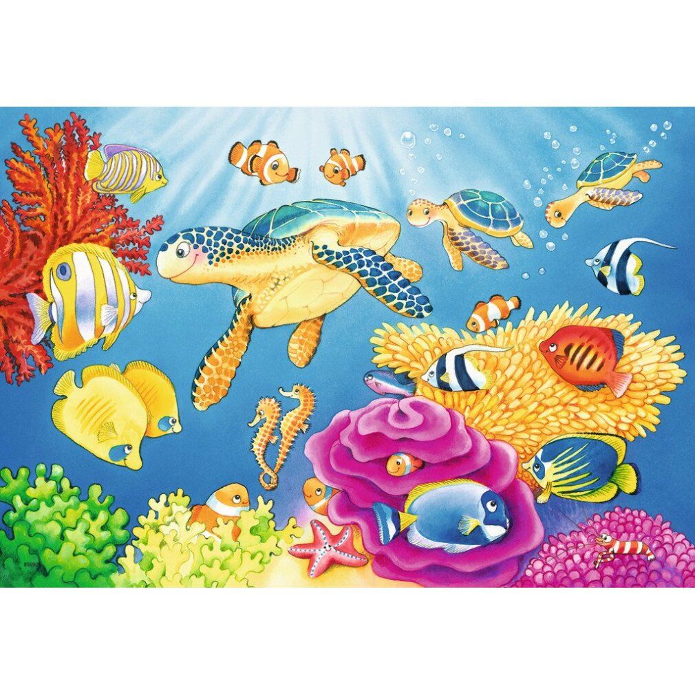 Puzzle con motivo sottomarino. Tartarughe, pesci e cavallucci marini nuotano in una barriera corallina. Colori: blu, giallo, rosso, arancione e rosa.