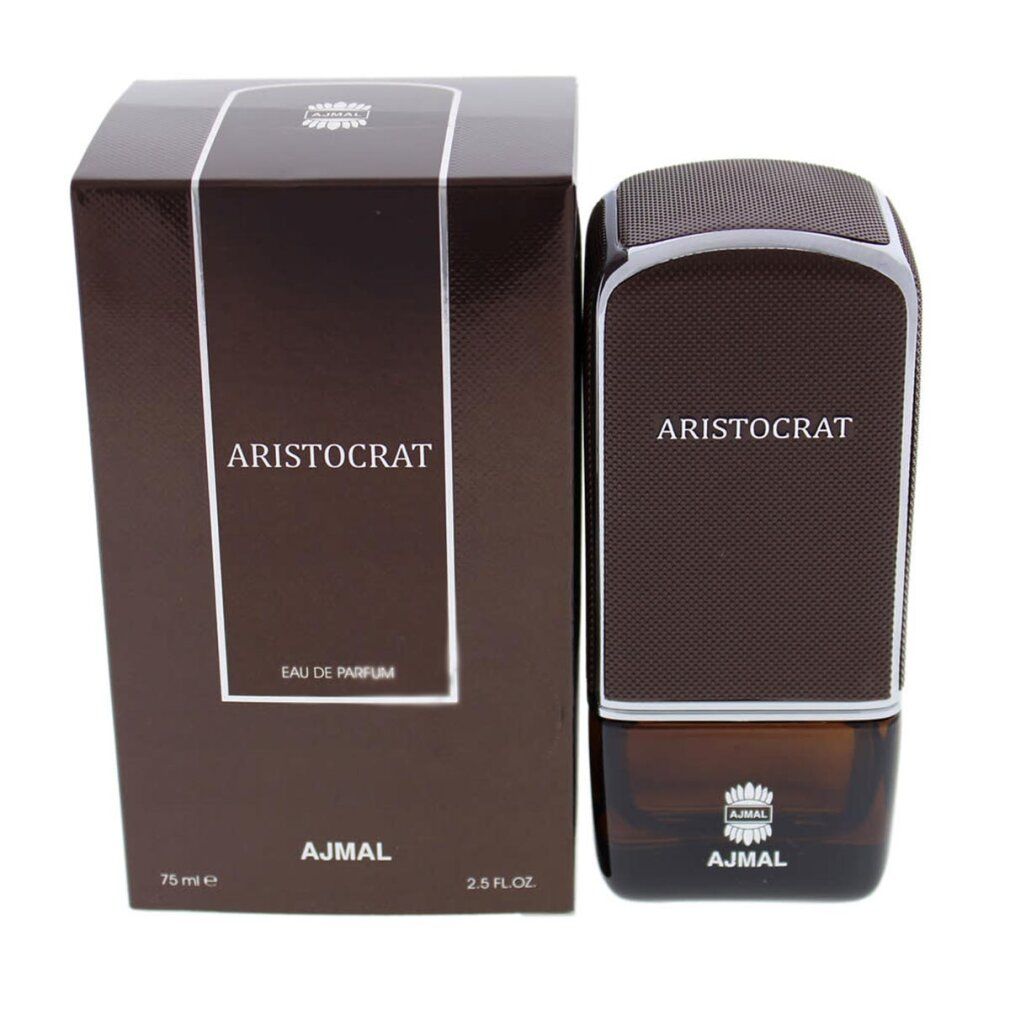 Flacone di profumo e confezione. Flacone con scritta ARISTOCRAT. Confezione con ARISTOCRAT, Eau de Parfum e logo AJMAL.