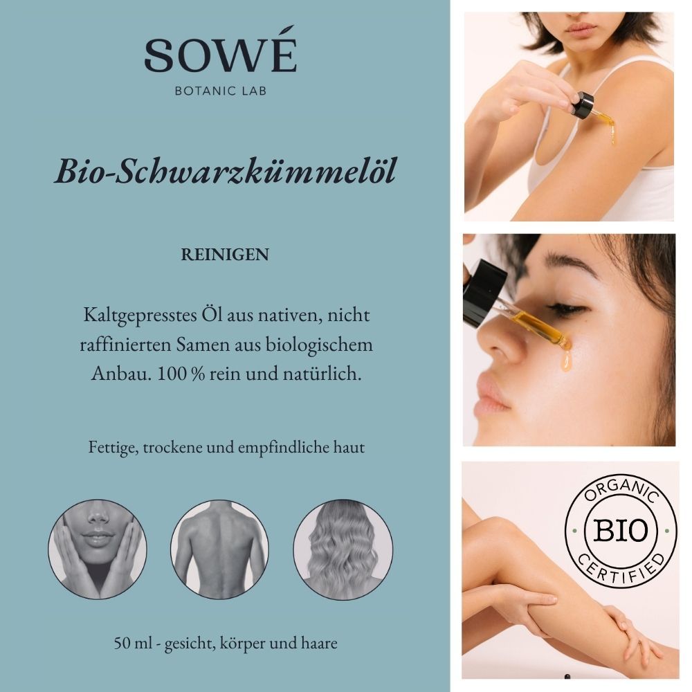 Pubblicità "SOWÉ Botanic Lab Bio-Schwarzkümmelöl". 3 foto: applicazione viso, schiena, capelli. Certificazione bio.
