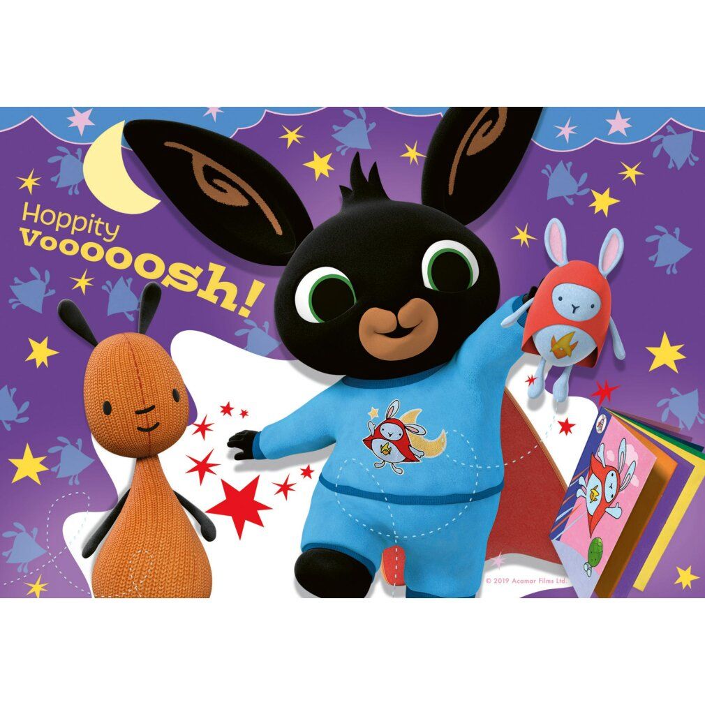 Puzzle con personaggi. Bing indossa una tuta blu. Una piccola creatura rossa tiene un giocattolo. Stelle e luna sullo sfondo.