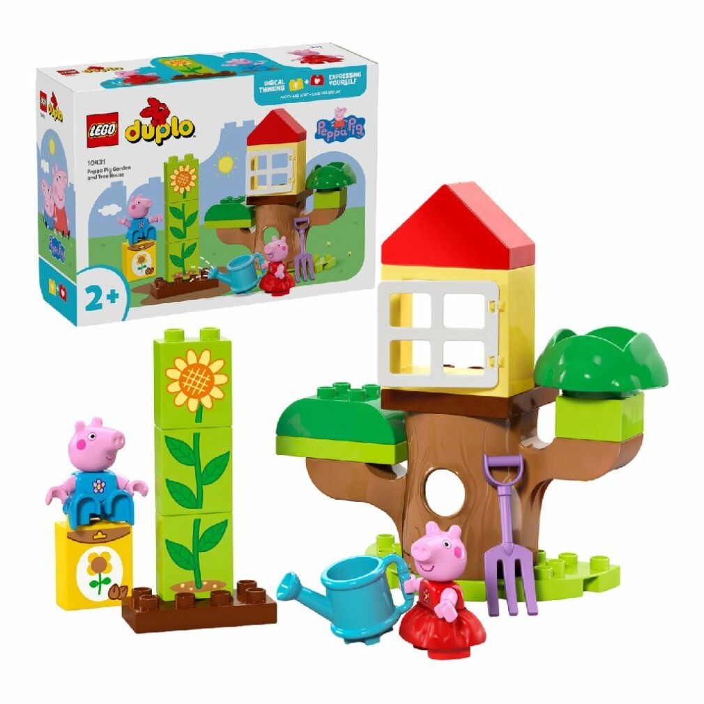 Set LEGO Duplo. Include personaggi di Peppa Pig, casa sull'albero, fiori, annaffiatoio e accessori. Confezione con immagine.