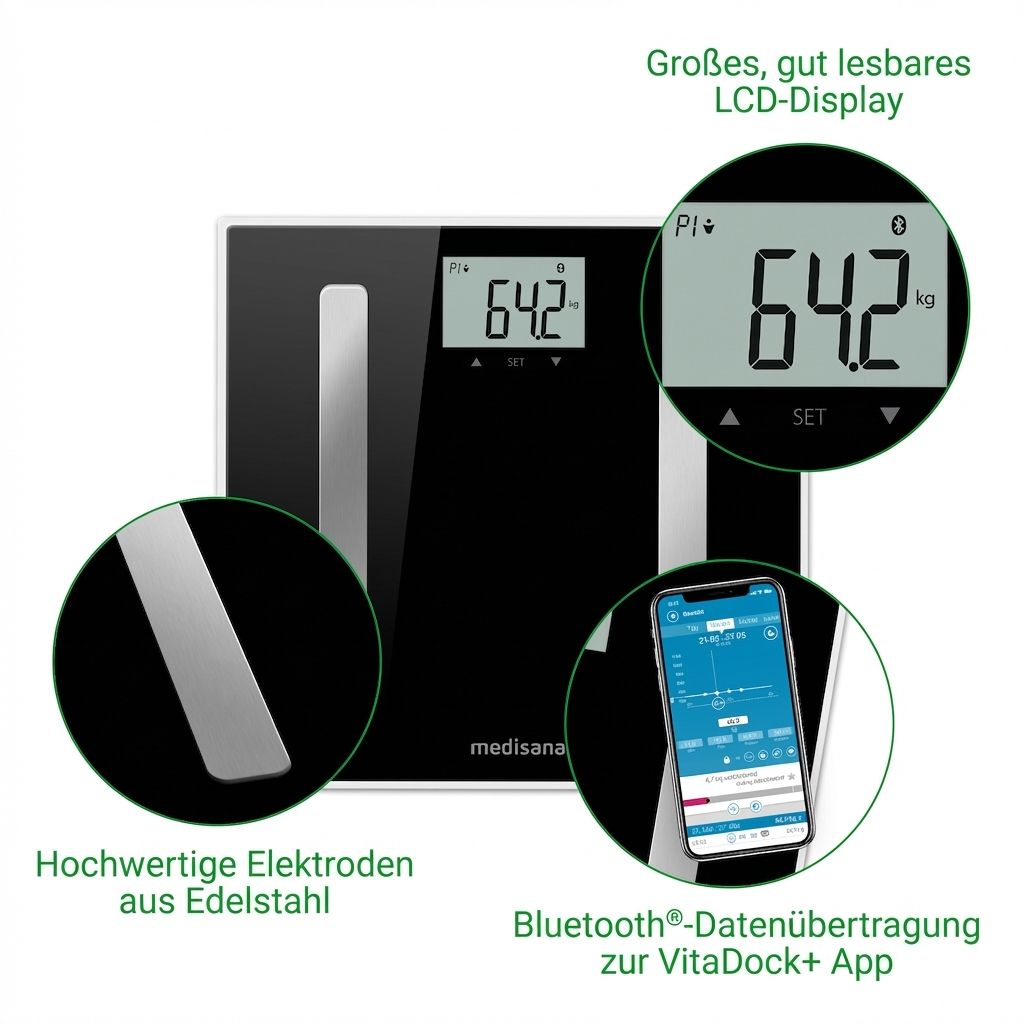 Bilancia di analisi corporea nera con LCD, elettrodi e simbolo Bluetooth. Smartphone con app.