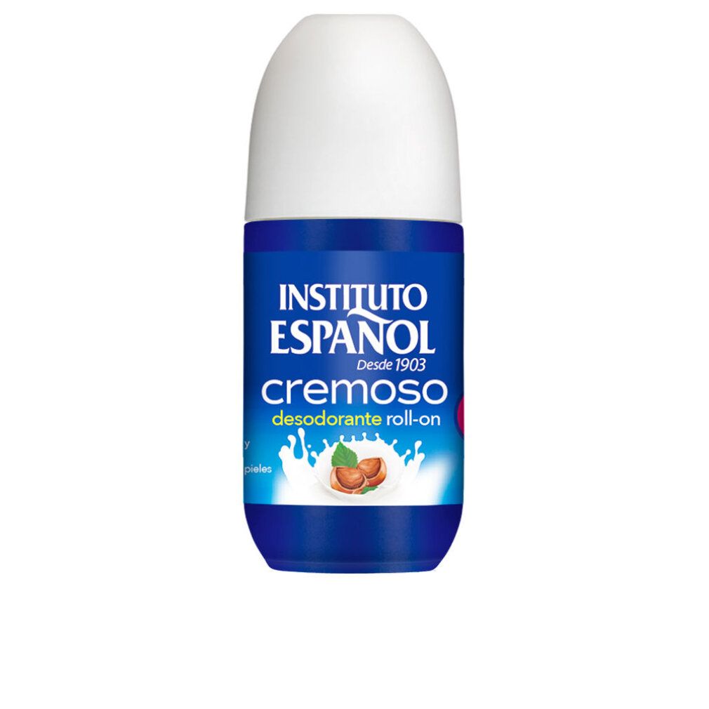 Deodorante roll-on blu e bianco. Scritta: Instituto Español, cremoso, desodorante roll-on.