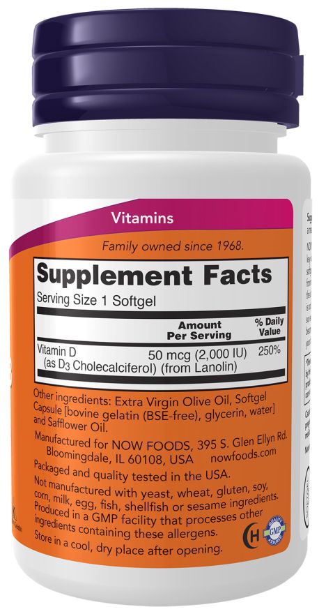 Retro del flacone. Etichetta arancione con informazioni nutrizionali. Contiene vitamina D (come D3 Colecalciferolo). Prodotto negli Stati Uniti.