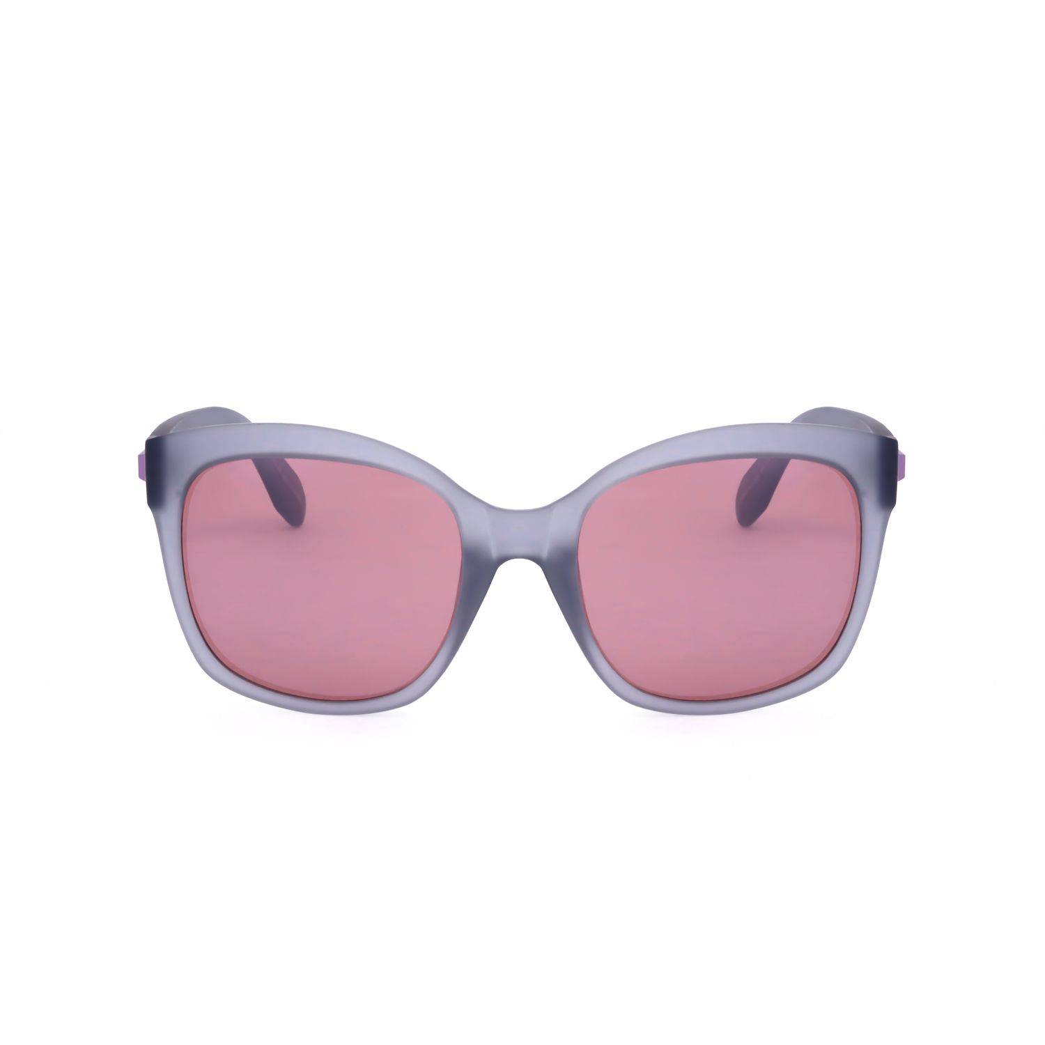 Occhiali da sole grigi con lenti rosa e montatura larga.