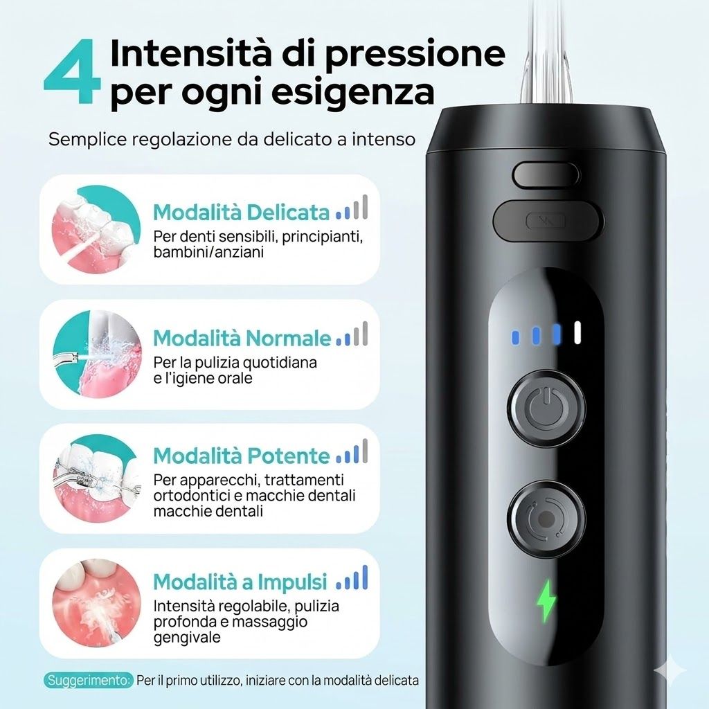 Idropulsore COSLUS con quattro livelli di intensità. Testo: Modalità delicata, normale, potente, impulso. Pressione regolabile.