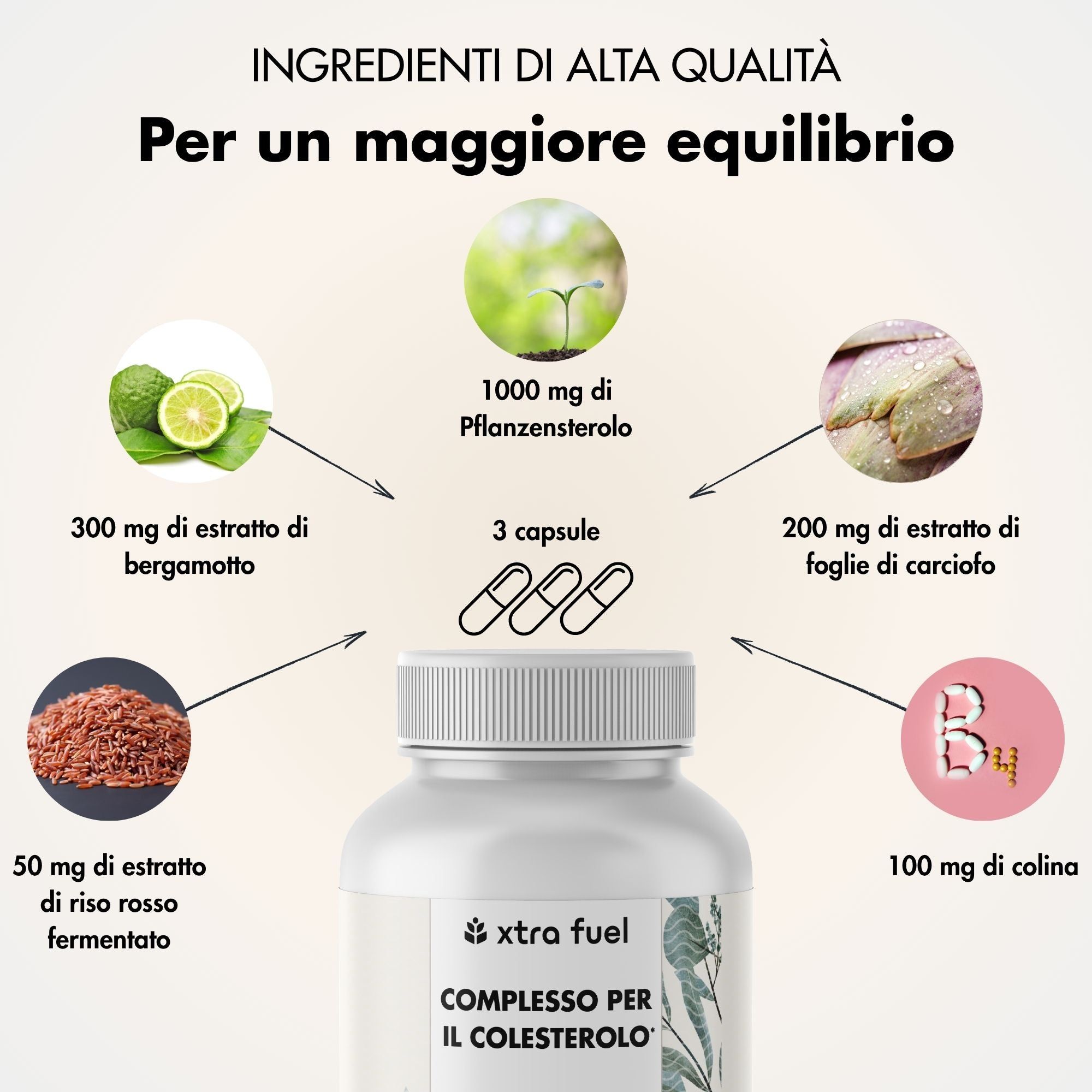 Flacone bianco con etichetta. Testo: Complesso per il colesterolo. 180 capsule vegane. Infografica ingredienti.