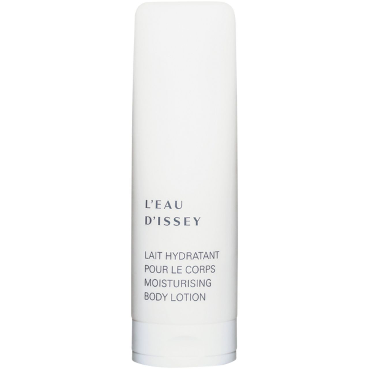 Tubo bianco con scritta L'EAU D'ISSEY, LAIT HYDRATANT POUR LE CORPS, MOISTURISING BODY LOTION.