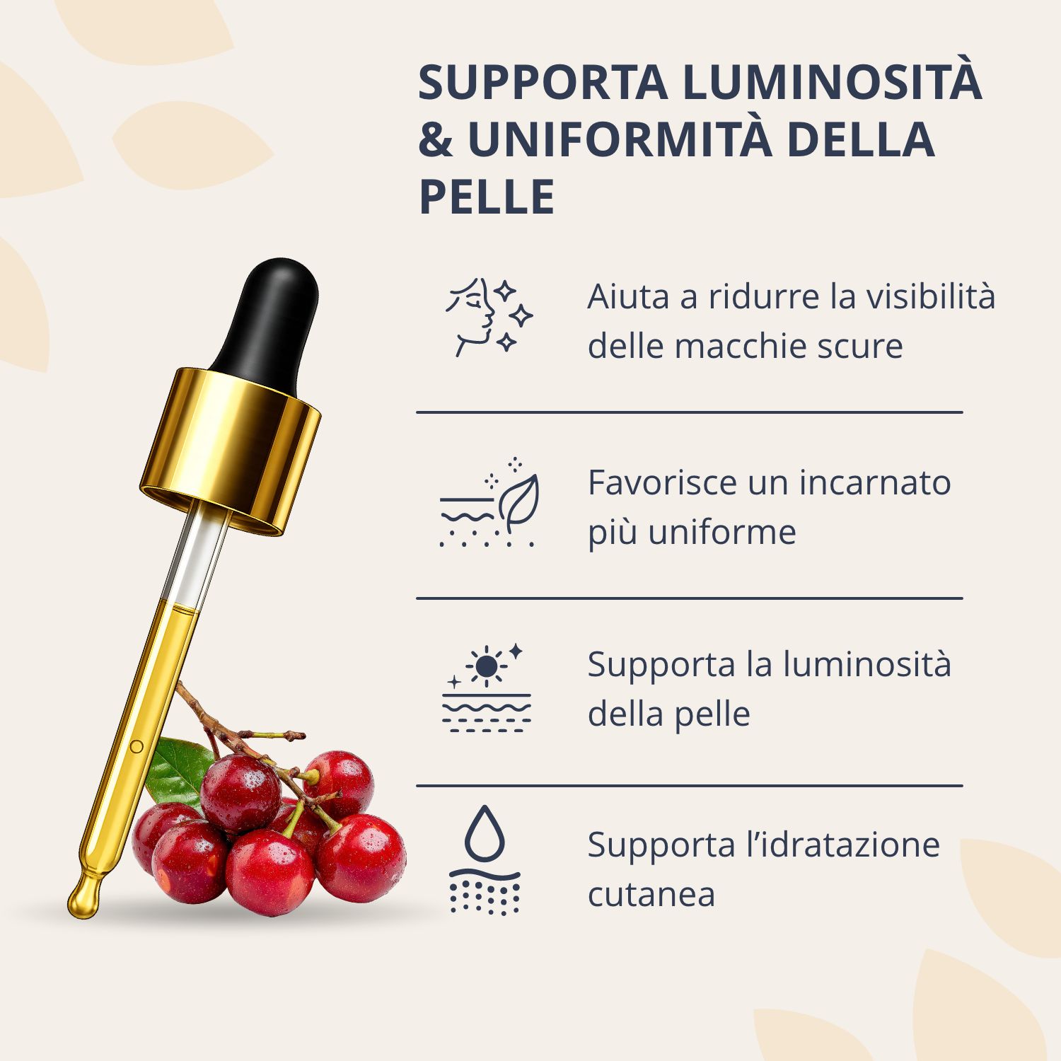 Contagocce con siero Golden Tree Spotless e ciliegie, supporta la chiarezza e la luminosità della pelle.