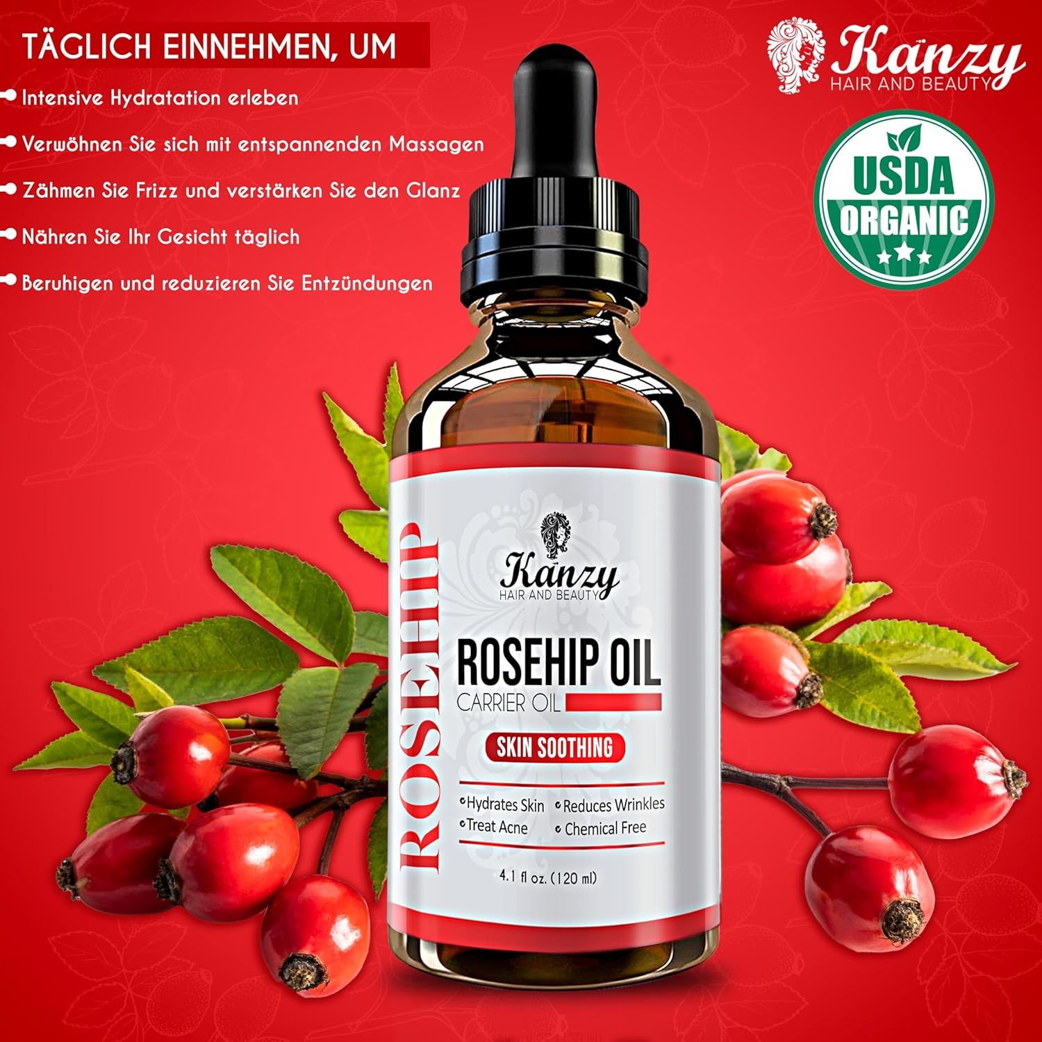 Flacone di vetro marrone con pipetta. Scritta: Rosehip Oil, Skin Soothing. USDA Organic. Benefici: idratazione, massaggi, lucentezza, crespo, infiammazioni.
