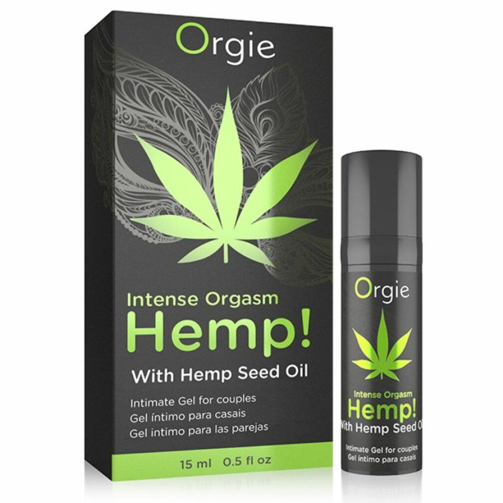Confezione nera con flacone. Testo: Orgie, Intense Orgasm Hemp!, simbolo foglia di canapa. Gel intimo per coppie. 15 ml. Flacone accanto.