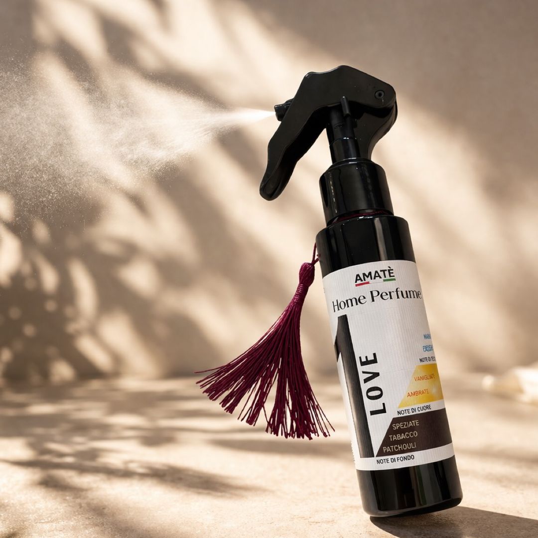 Flacone spray nero con nappa. Scritta: AMATÈ Home Perfume, LOVE. Nebbia spray visibile.