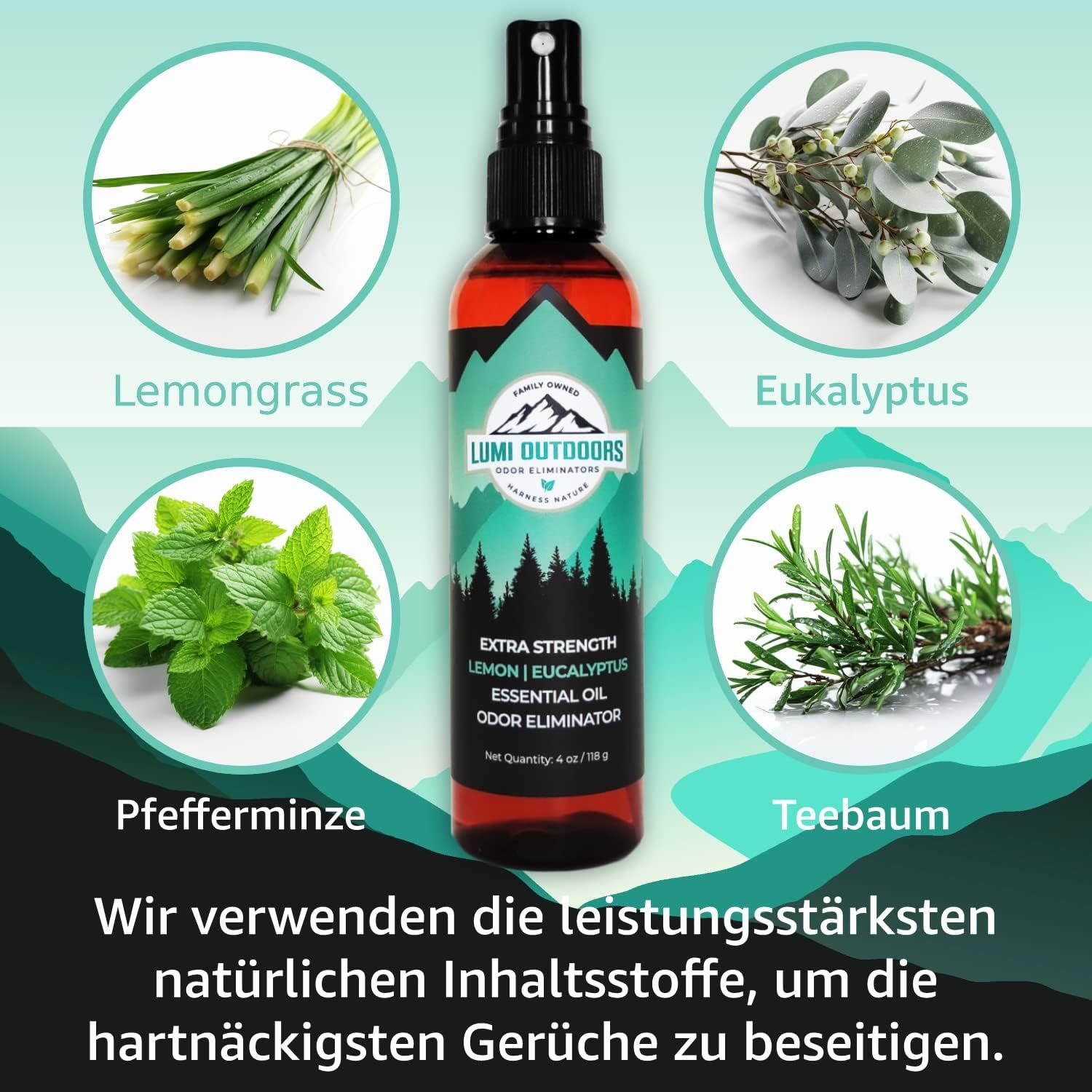 Flacone di prodotto circondato da erbe e piante. Testo: Extra Strength Lemon/Eucalyptus Essential Oil Odor Eliminator.