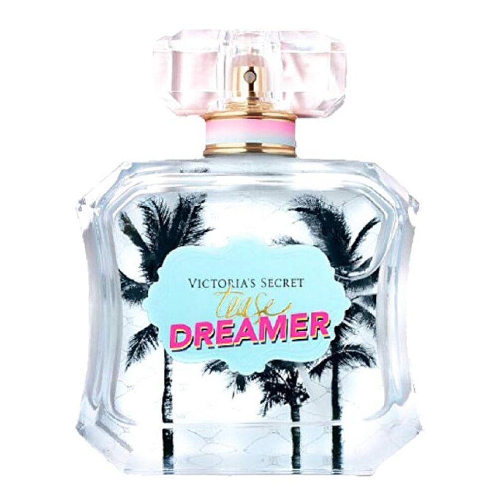 Flacone di Victoria's Secret Tease Dreamer Eau De Parfum. Design palme, etichetta azzurra con testo rosa. Tappo trasparente.