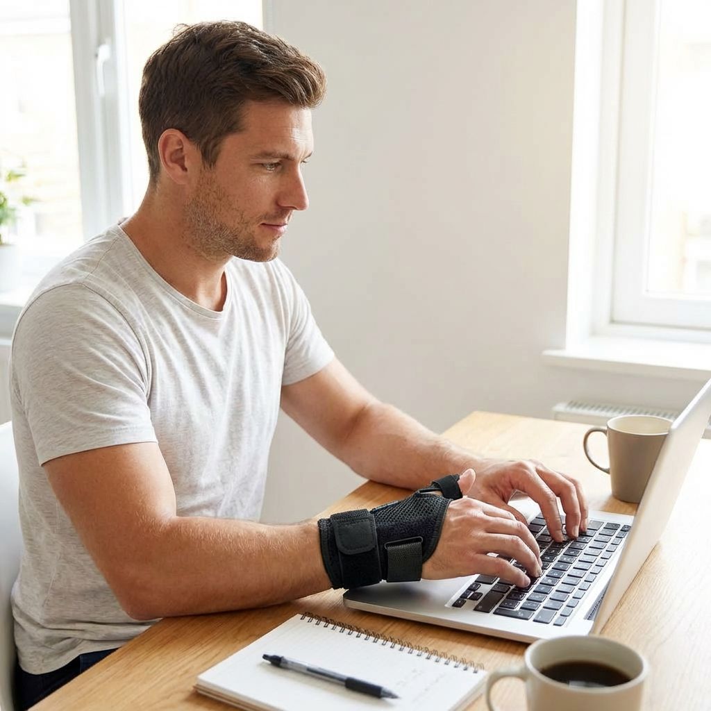 Uomo che scrive su un laptop, indossa un tutore per pollice. Tutore nero sul polso sinistro. Caffè e blocco note.