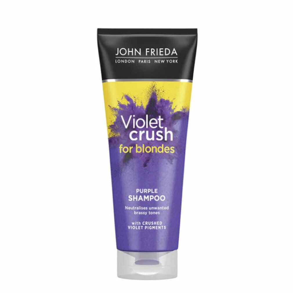 Tubo di shampoo viola. Tappo nero, sfondo giallo. Scritta: Violet Crush for blondes, Purple Shampoo.