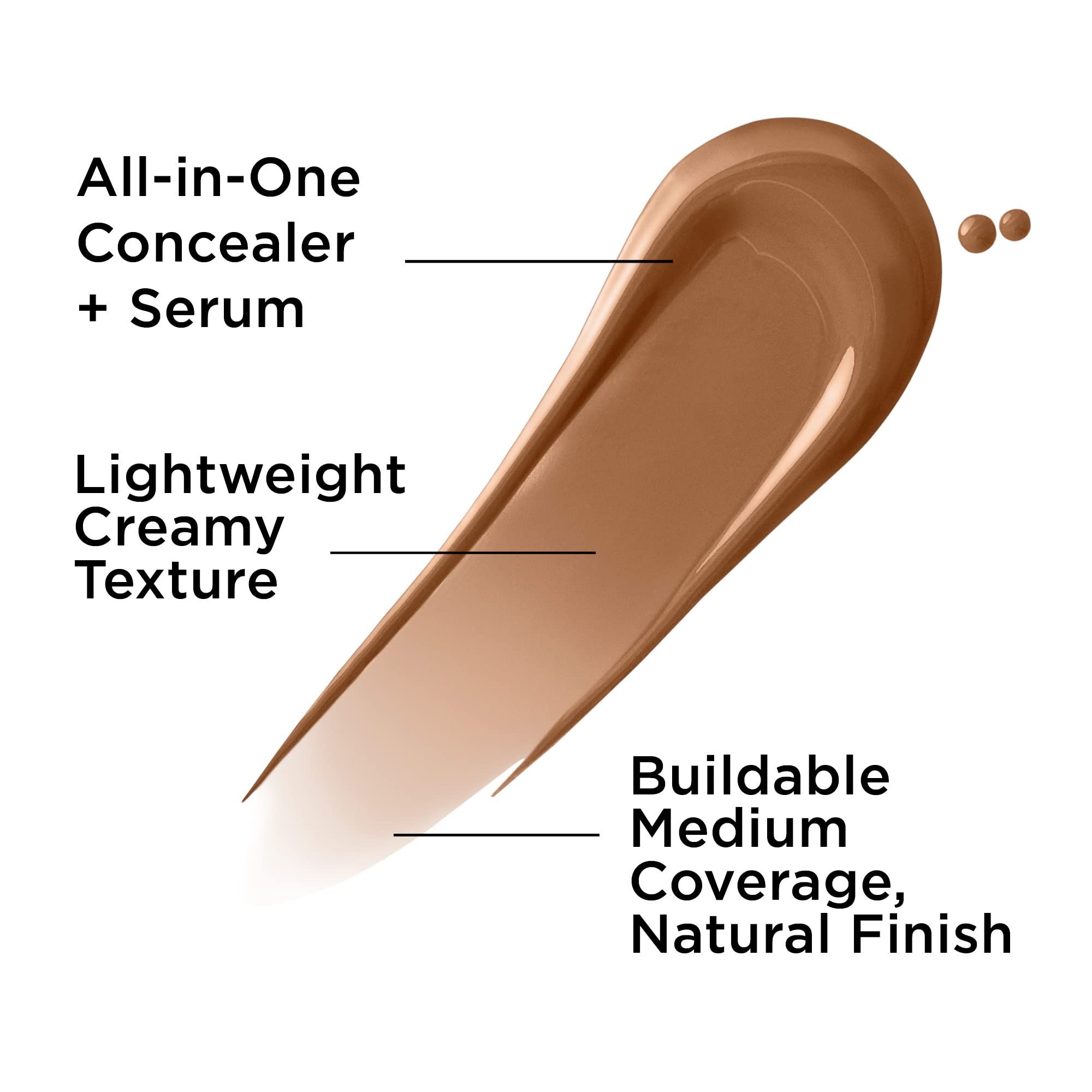 Traccia di prodotto con testo: All-in-One Concealer + Serum, Lightweight Creamy Texture, Buildable Medium Coverage, Natural Finish.