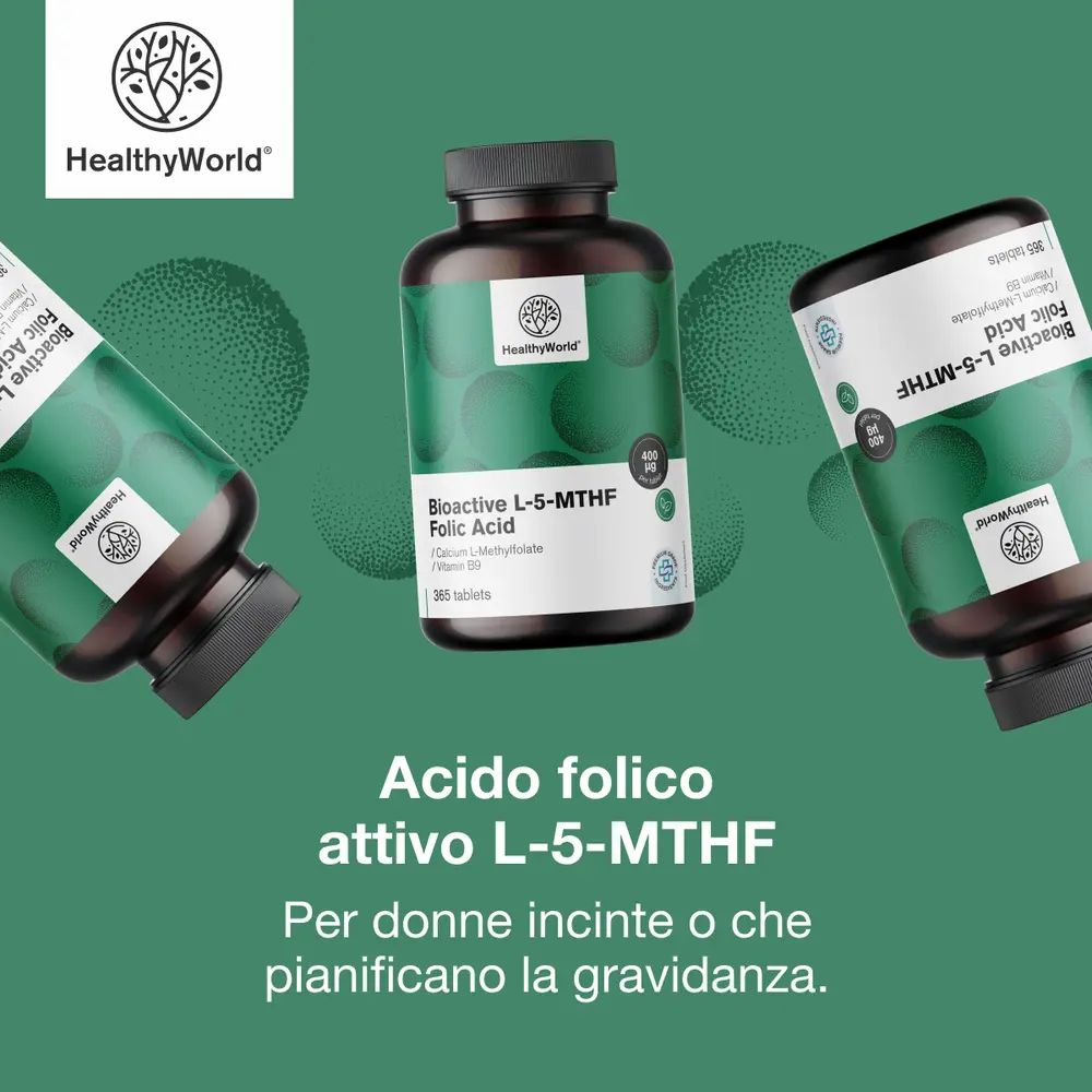 Tre barattoli di Acido folico attivo L-5-MTHF, per donne incinte o che pianificano una gravidanza.