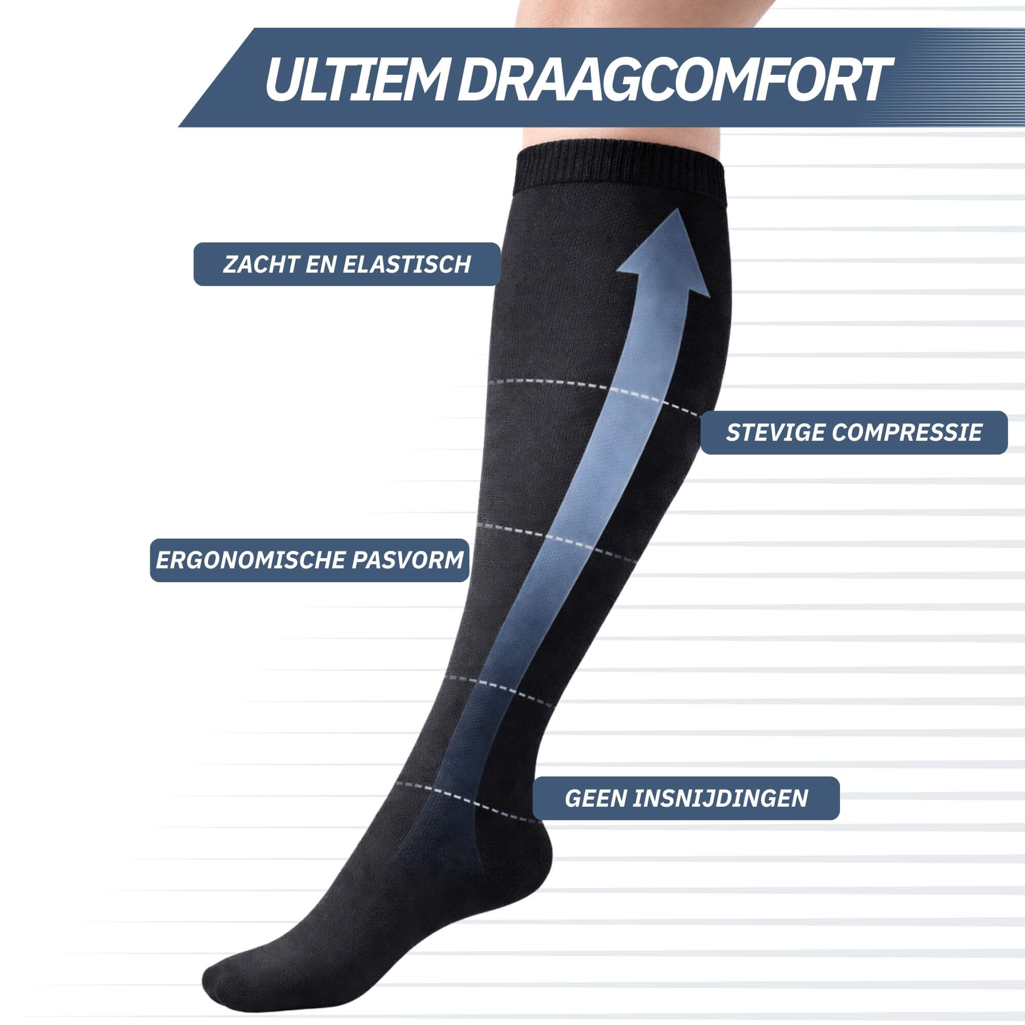 Primo piano di gambe in calze a compressione nere con caratteristiche.