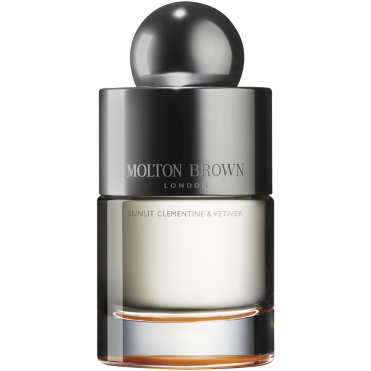 Flacone di profumo con tappo argentato. Scritta: Molton Brown London, Sunlit Clementine & Vetiver.