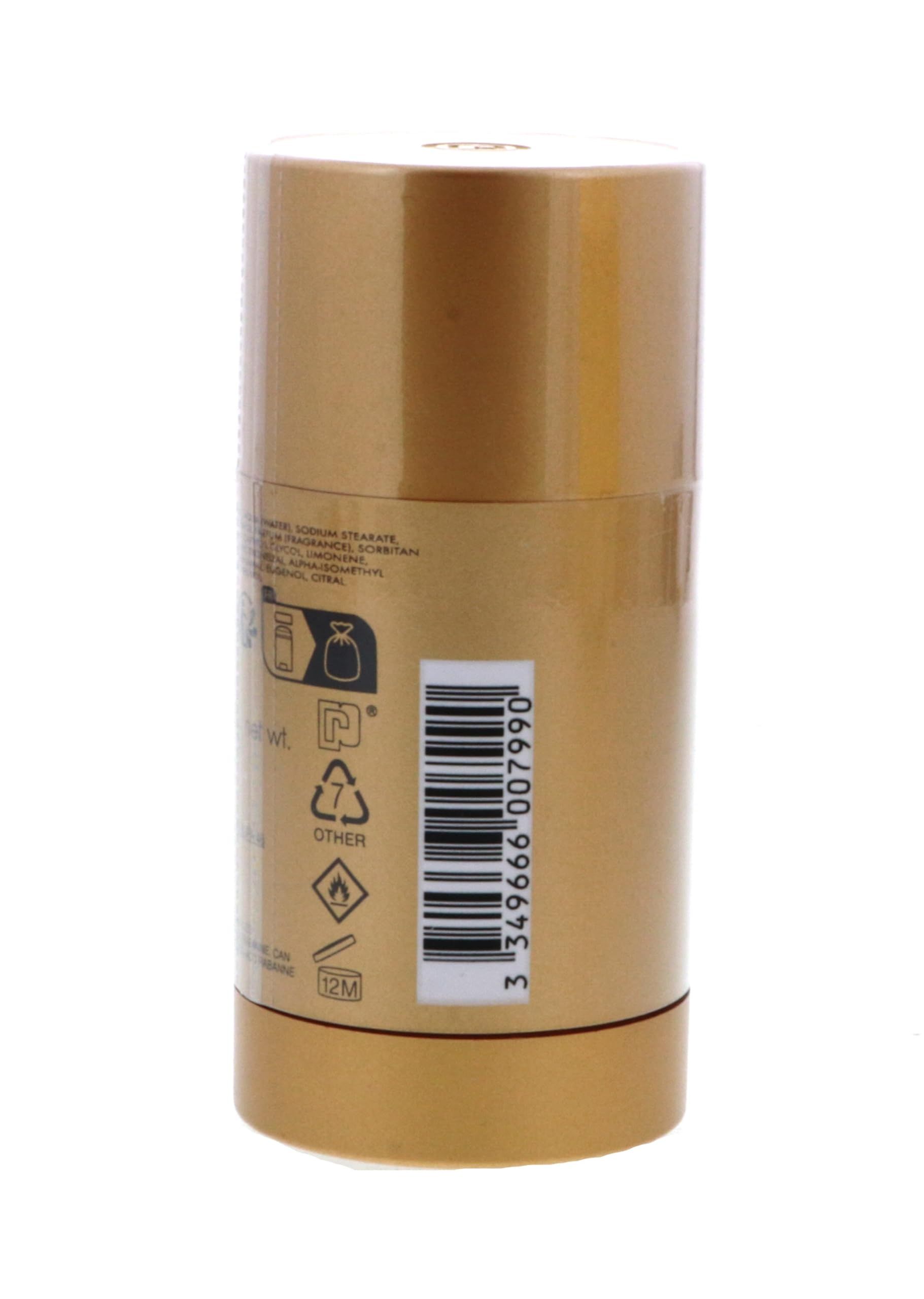Stick deodorante dorato. Retro con testo, simboli e codice a barre. Informazioni sul produttore.