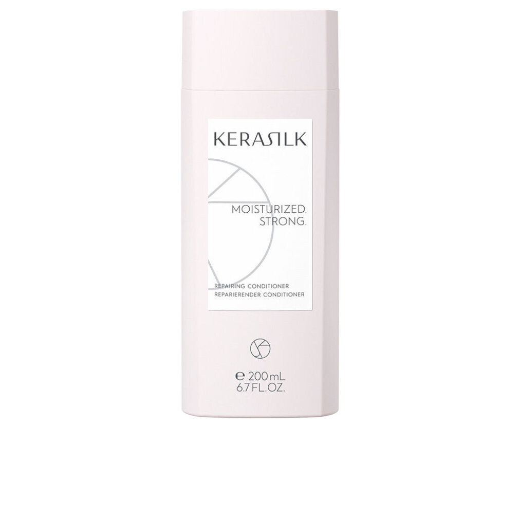 Balsamo Kerasilk. Flacone rettangolare con etichetta bianca. Testo: MOISTURIZED. STRONG. 200 ml.
