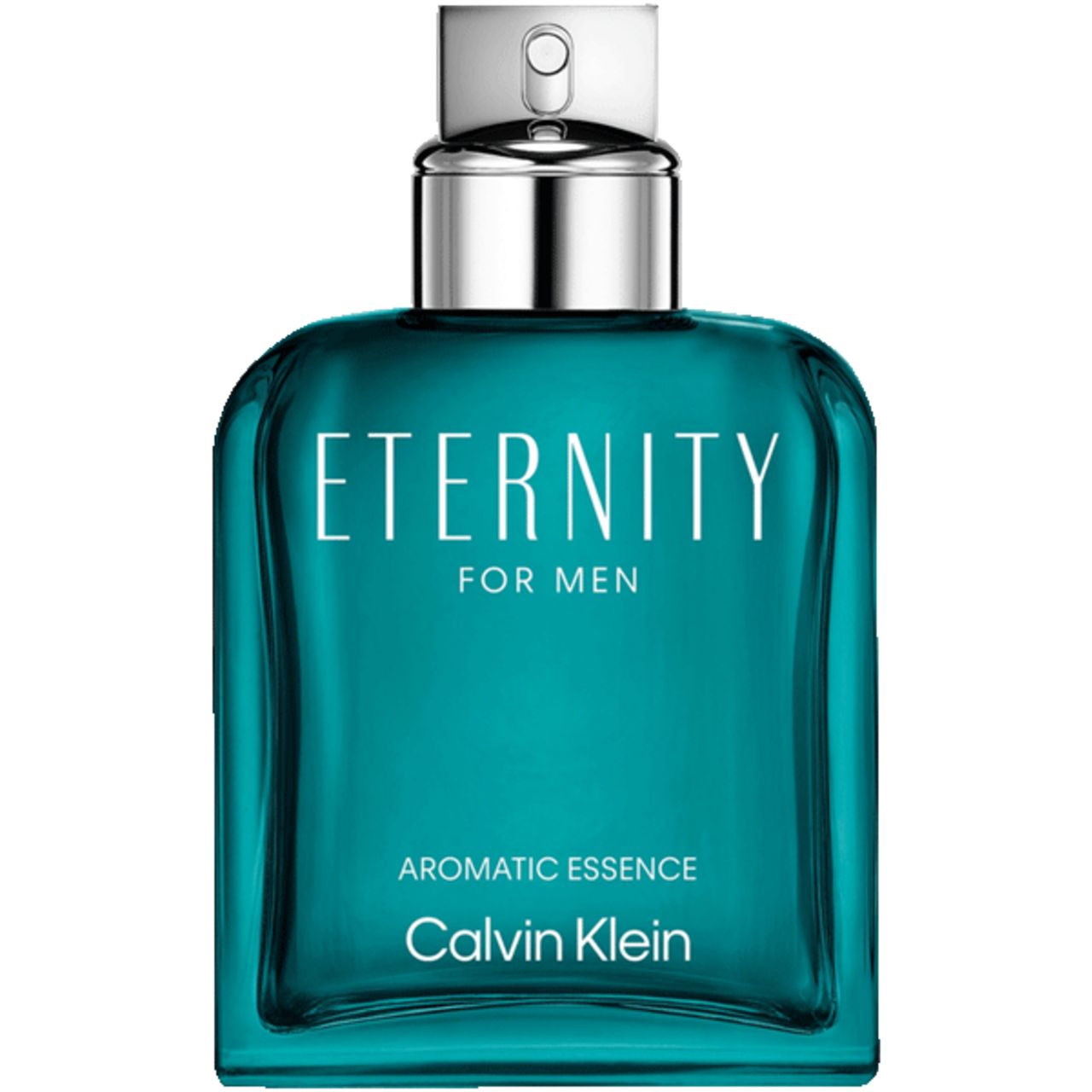 Flacone turchese con tappo argentato. Scritta: Eternity for Men Aromatic Essence. Marchio: Calvin Klein.