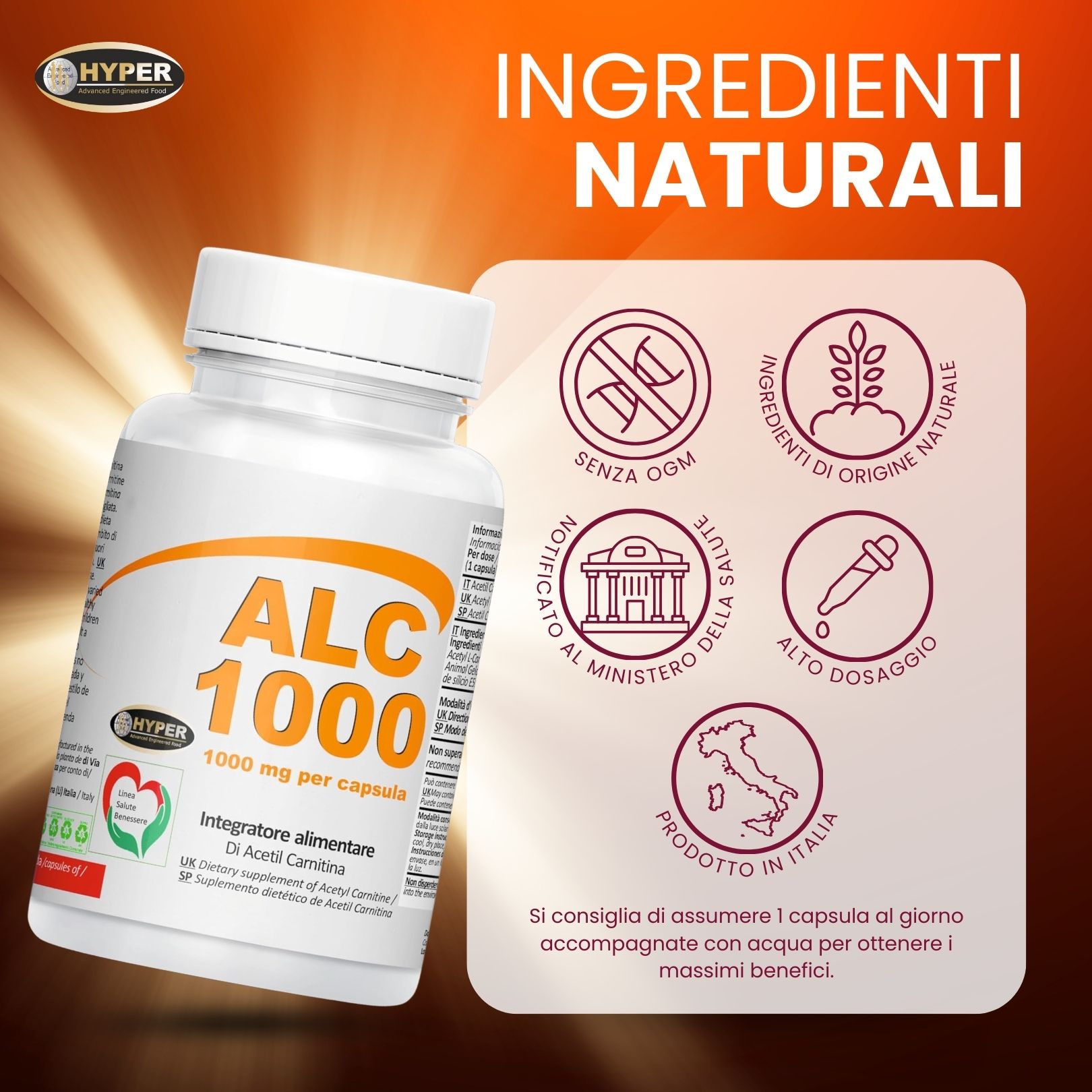 Flacone bianco ALC 1000. Testo: Ingredienti naturali, senza OGM, prodotto in Italia. Loghi.