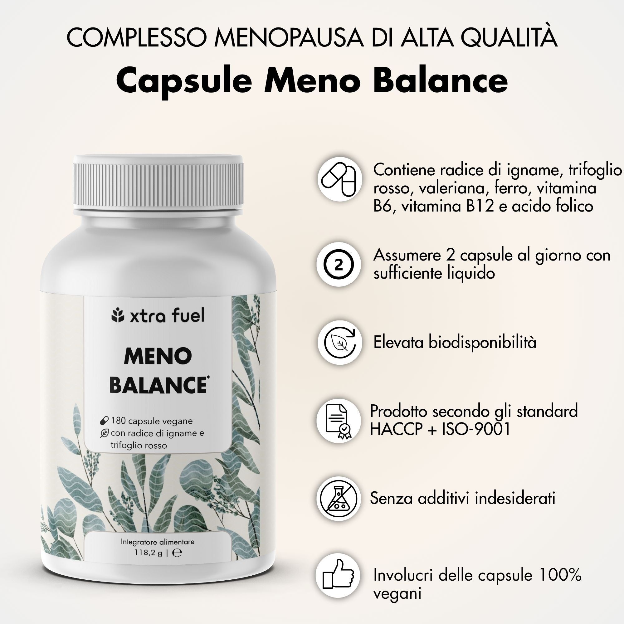 Flacone bianco di capsule XTRA FUEL Meno Balance. Scritta: 180 capsule vegane con radice di igname e trifoglio rosso. Informazioni e icone aggiuntive.