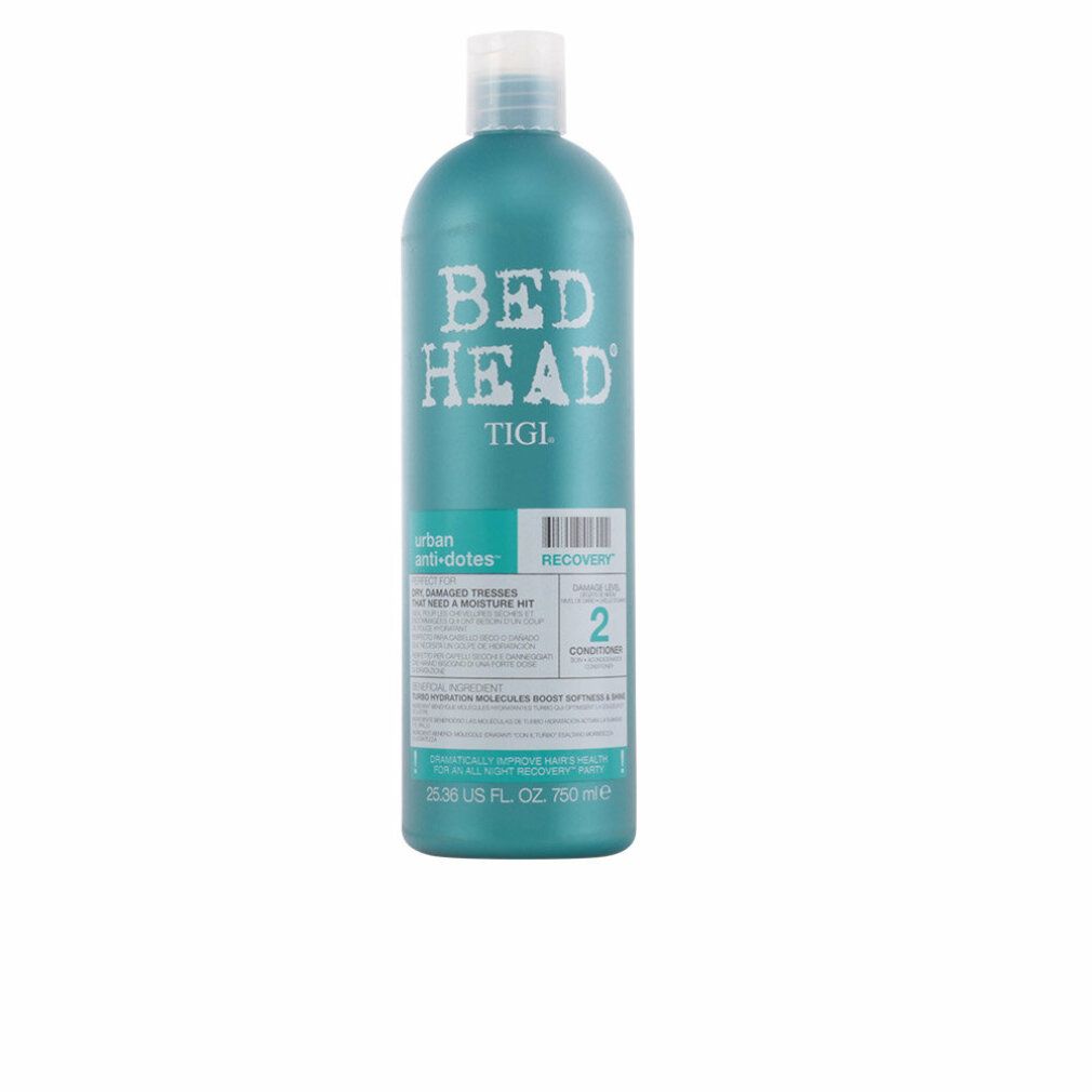 Flacone turchese con tappo bianco. Scritta Bed Head TIGI. Etichetta con informazioni sul prodotto.