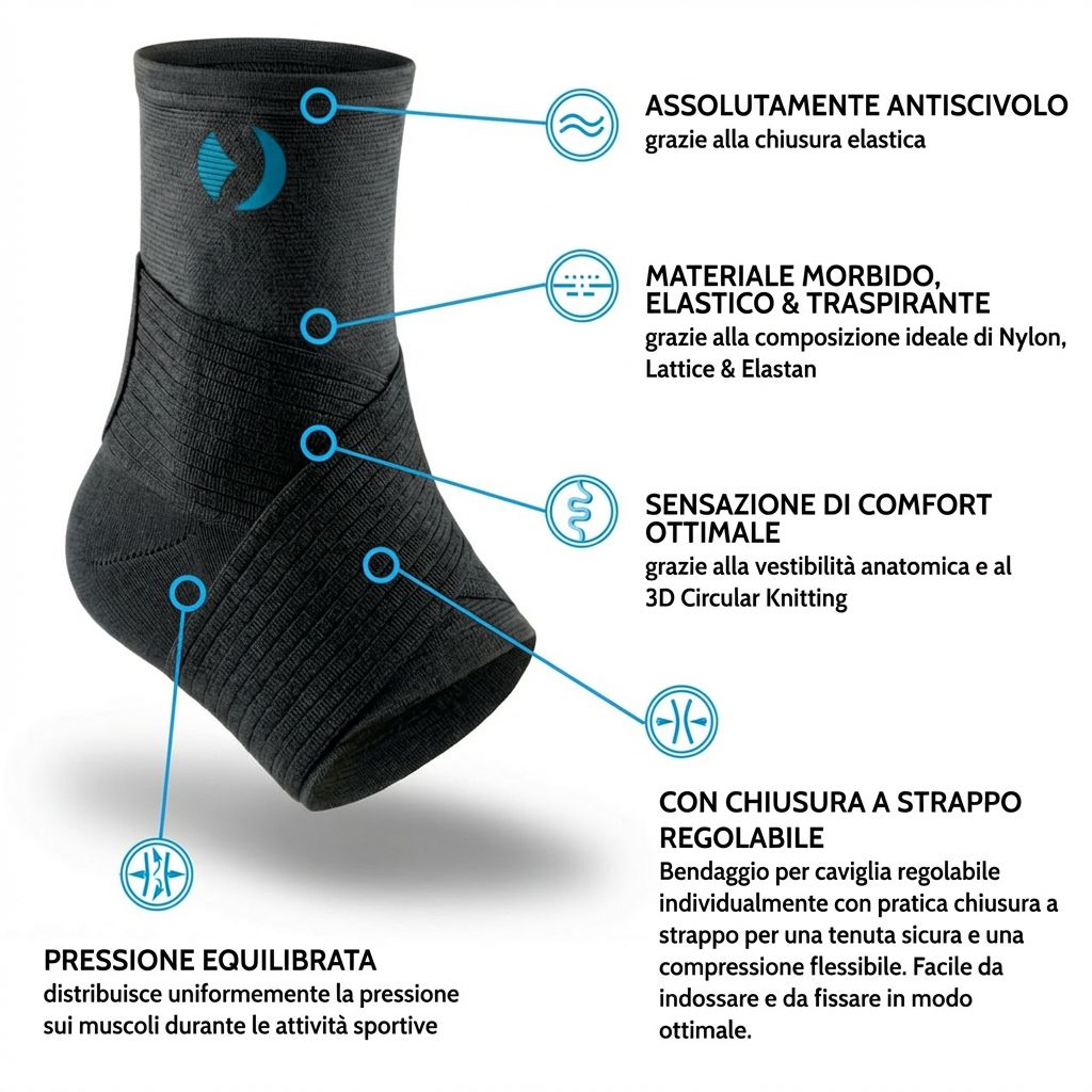 Tutore per caviglia nero. Caratteristiche: elastico, traspirante, confortevole, chiusura in velcro. Testo: Balance Pressure.