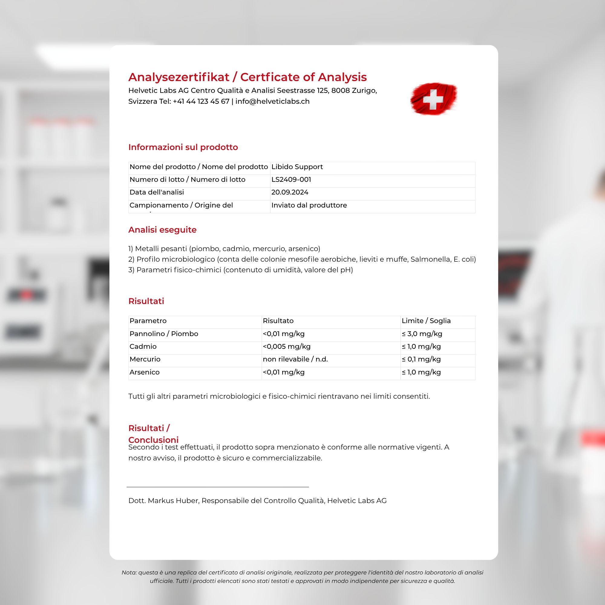 Certificato di analisi. Testo: Supporto della libido. Helvetc Labs AG. Croce svizzera.