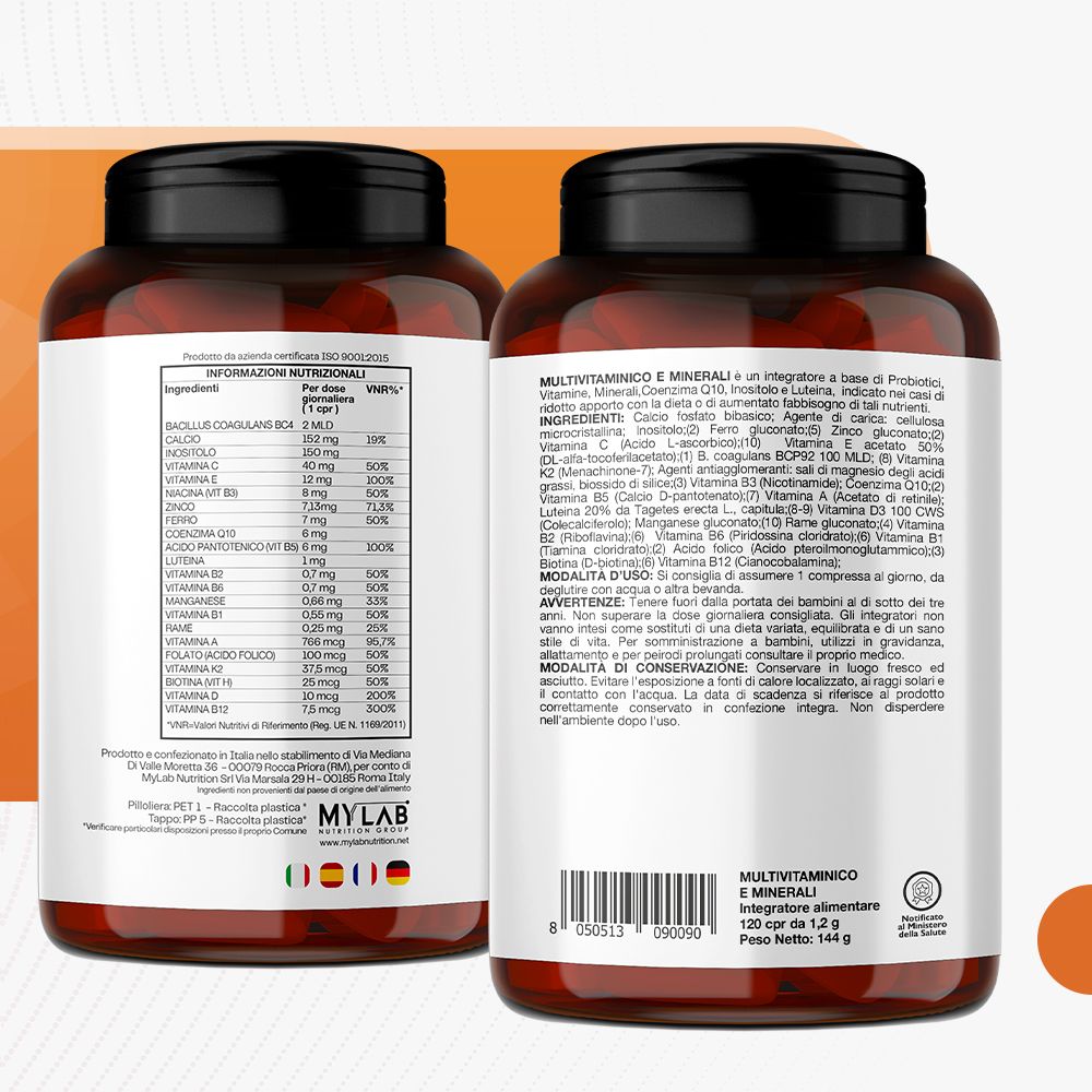 Due flaconi marroni con etichette. Scritta: Multivitaminico e Minerali. Ingredienti, informazioni nutrizionali, informazioni produttore.