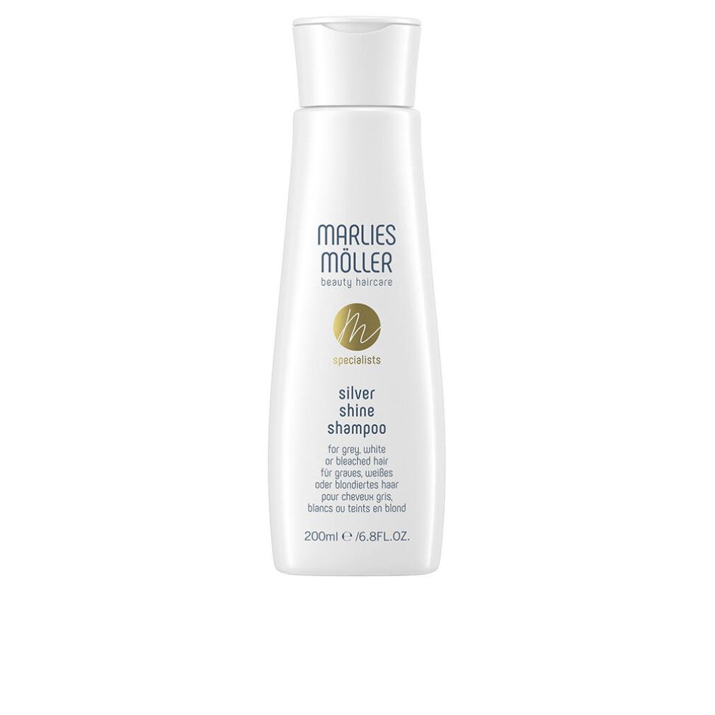 Marlies Möller Silver Shine Shampoo. Flacone bianco con tappo bianco. Testo: Silver Shine Shampoo, per capelli grigi, bianchi o decolorati.