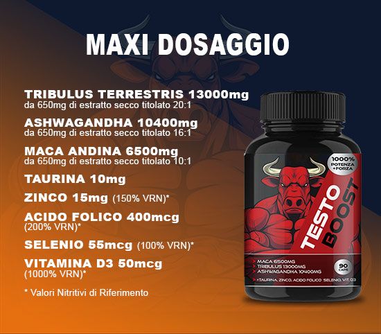 Flacone con etichetta rossa. Testo Boost. Ingredienti e dosaggio. Flacone nero.