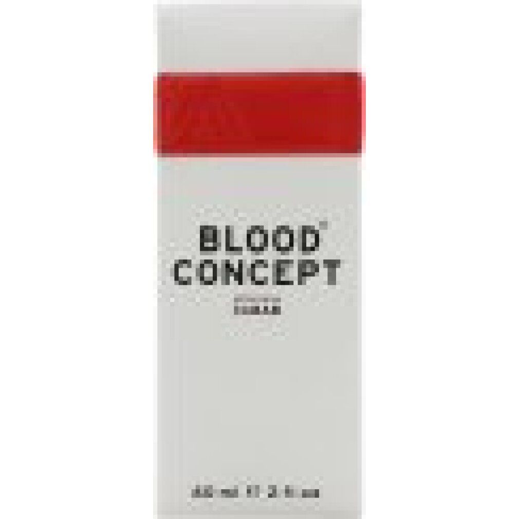 Confezione rettangolare bianca con fascia rossa. Testo nero: BLOOD CONCEPT. Sotto: 60 ml e 2 fl.oz.