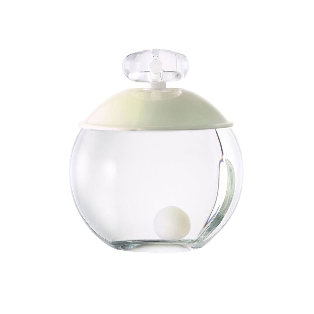 Flacone di vetro rotondo con tappo verdognolo e sfera. Il flacone ha una sfera bianca all'interno.