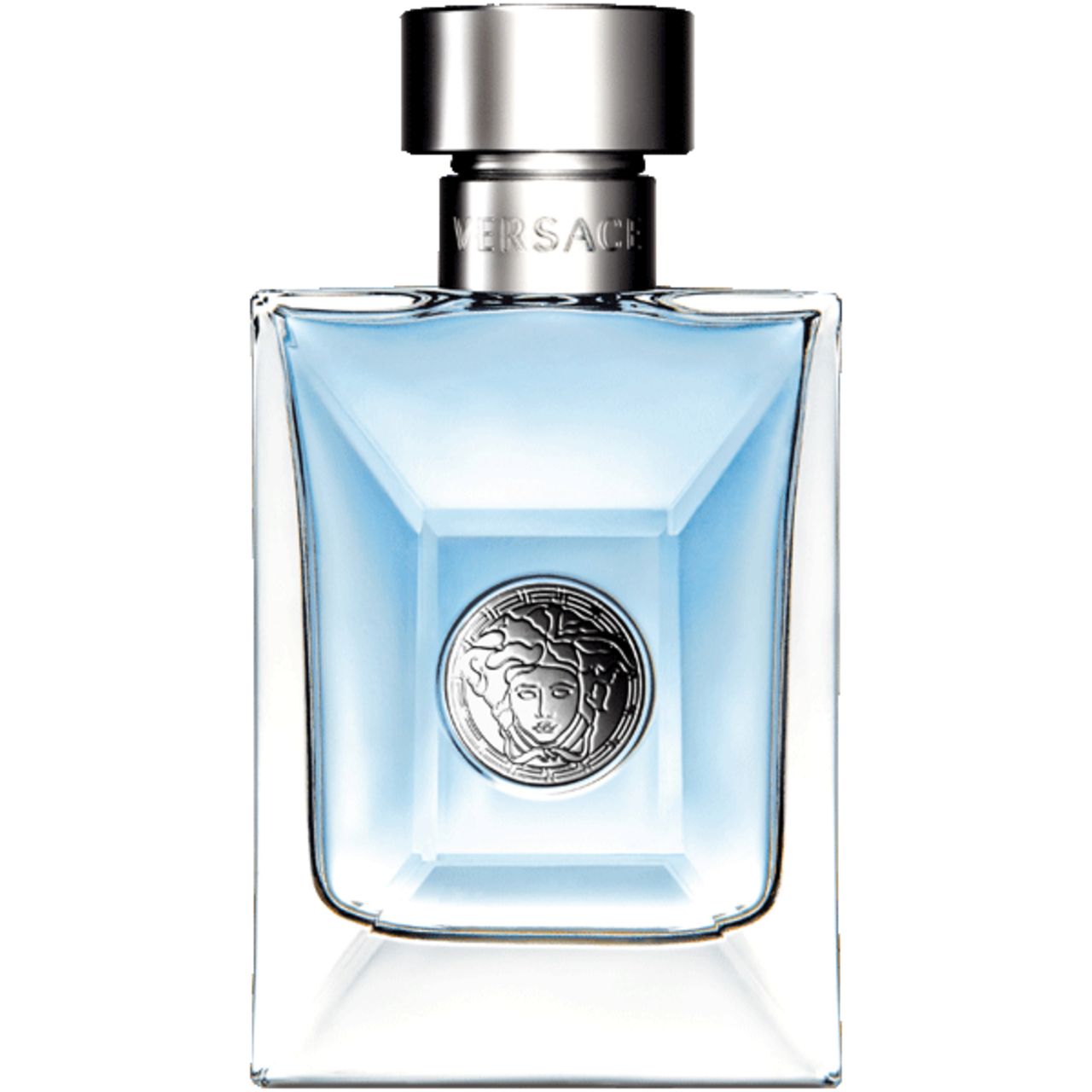 Flacone Versace Pour Homme After Shave Lotion. Flacone rettangolare con tappo argentato e logo Medusa.