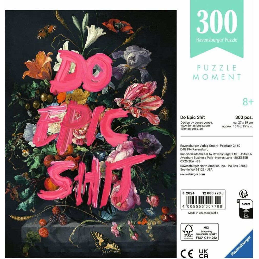 Puzzle Ravensburger, motivo floreale con scritta 'DO EPIC SHIT'. 300 pezzi. Confezione con informazioni.
