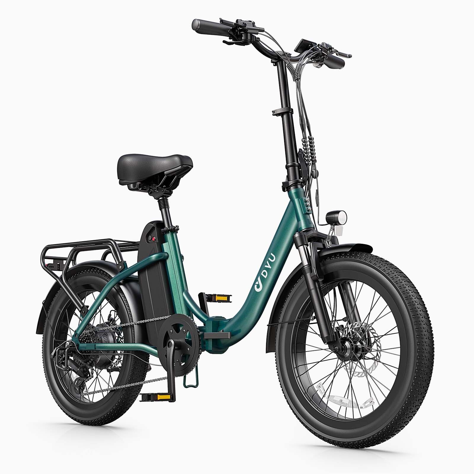 Bicicletta elettrica DYU C9 verde. Pneumatici, sella e portapacchi neri. Faro anteriore.
