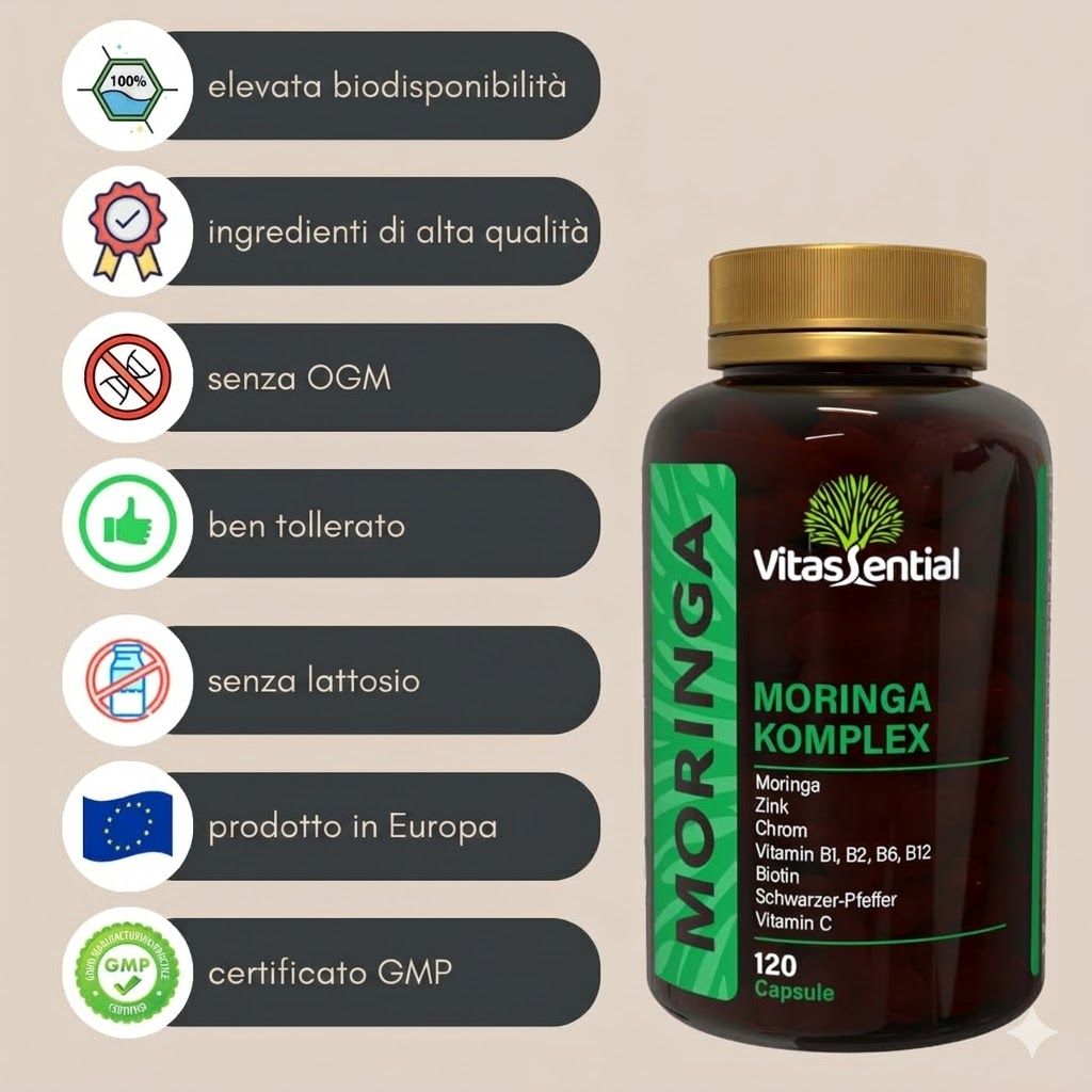 Flacone marrone con etichetta verde. Vitassential Moringa Komplex. 120 capsule. Certificato GMP.