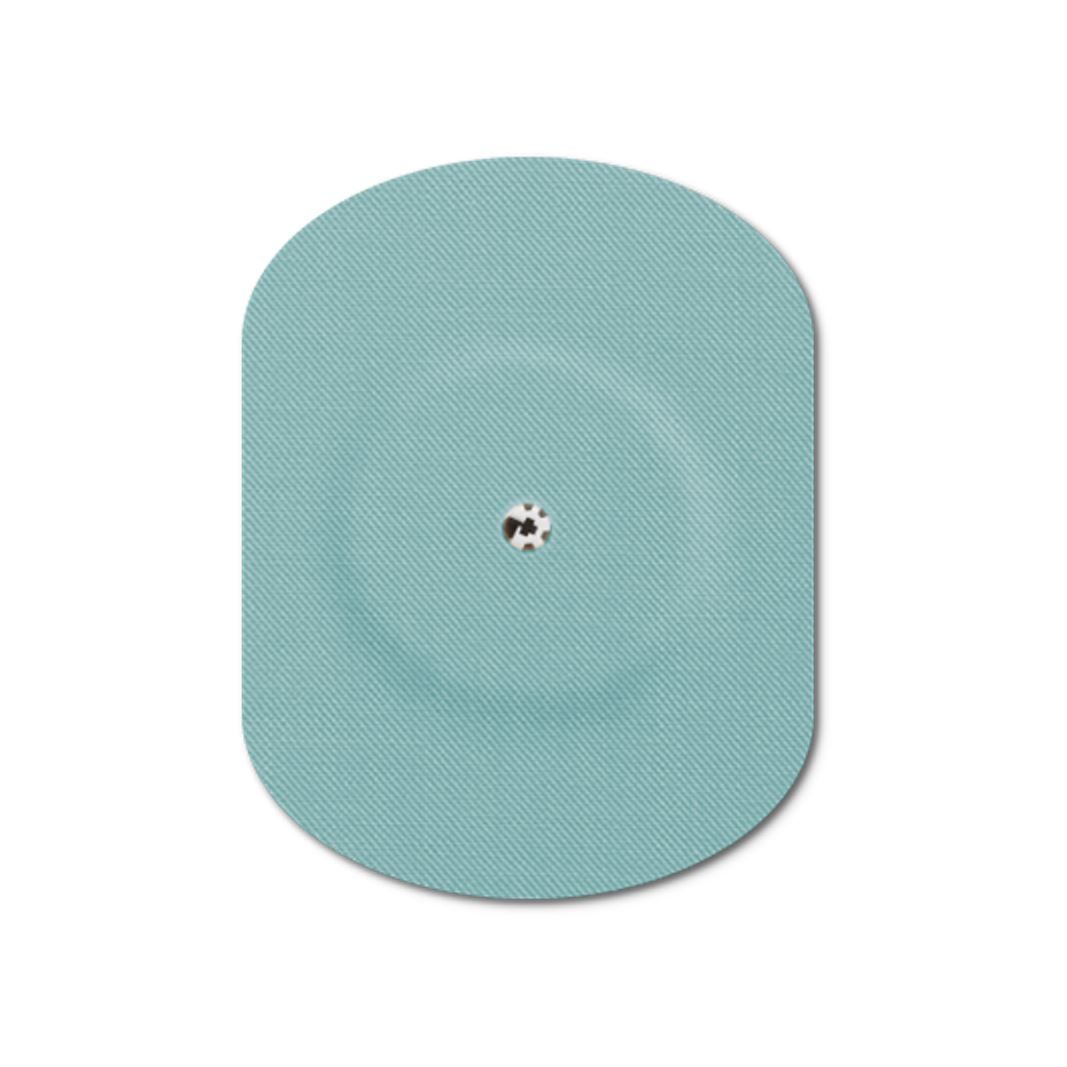 Cerotto ovale azzurro chiaro con foro di ventilazione. Superficie tessuta, cerchio centrale. Per dispositivi medici.