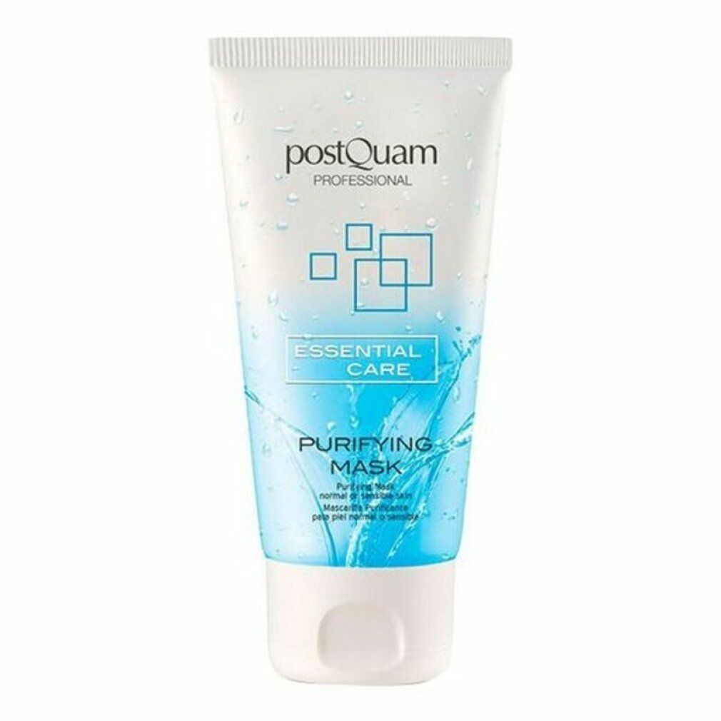 Tubo bianco con design blu. Scritta: Postquam Professional, Essential Care, Purifying Mask. Prodotto per la cura del viso.