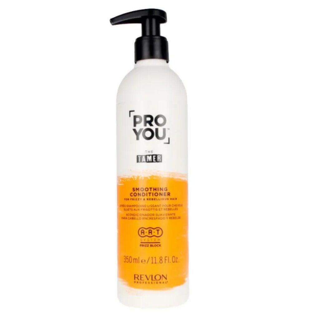 Flacone bianco con erogatore nero. Scritta: PRO YOU THE TAMER. Striscia arancione con testo. Revlon Professional.