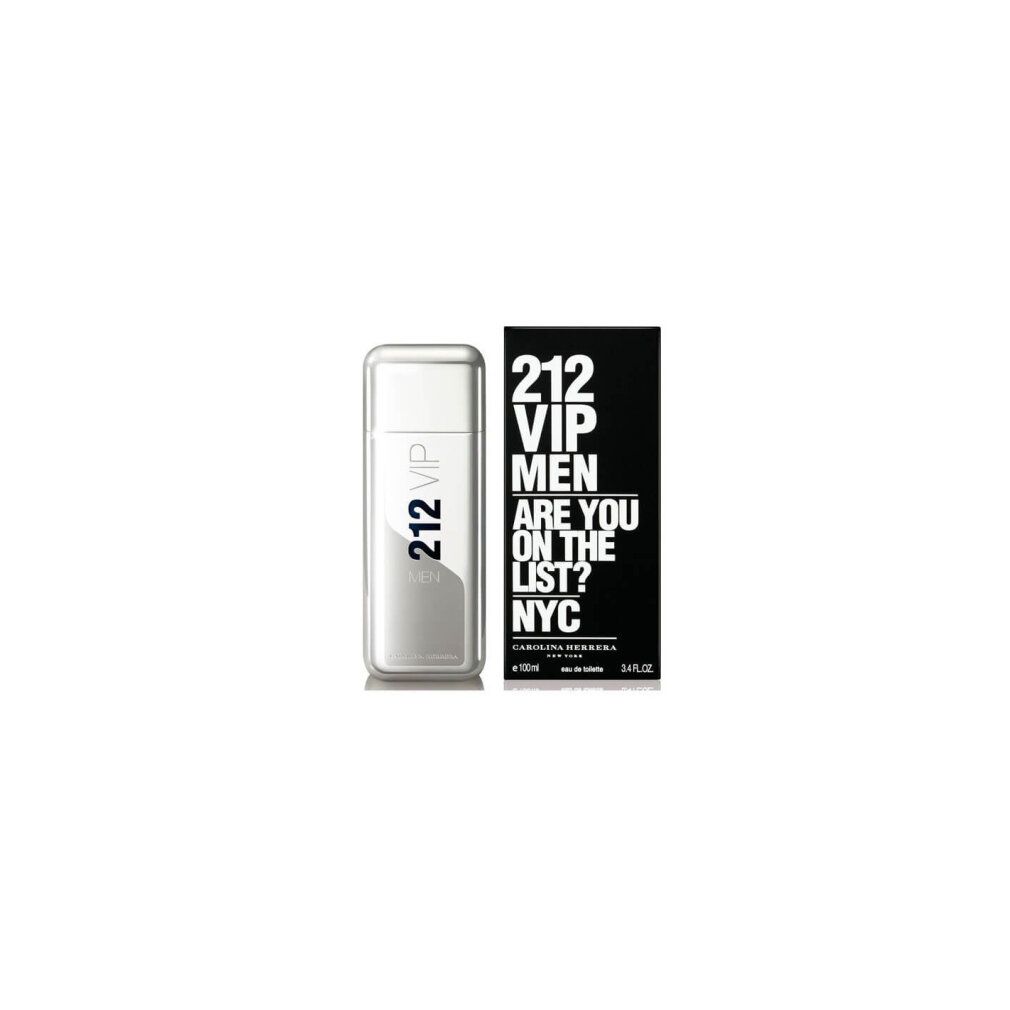 Flacone argentato e scatola nera. Scritta: 212 VIP MEN, ARE YOU ON THE LIST? NYC. Marchio Carolina Herrera.