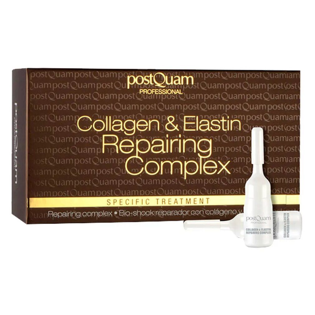 Scatola marrone e fiale. Scritta: Collagen & Elastin Repairing Complex. Trattamento specifico.